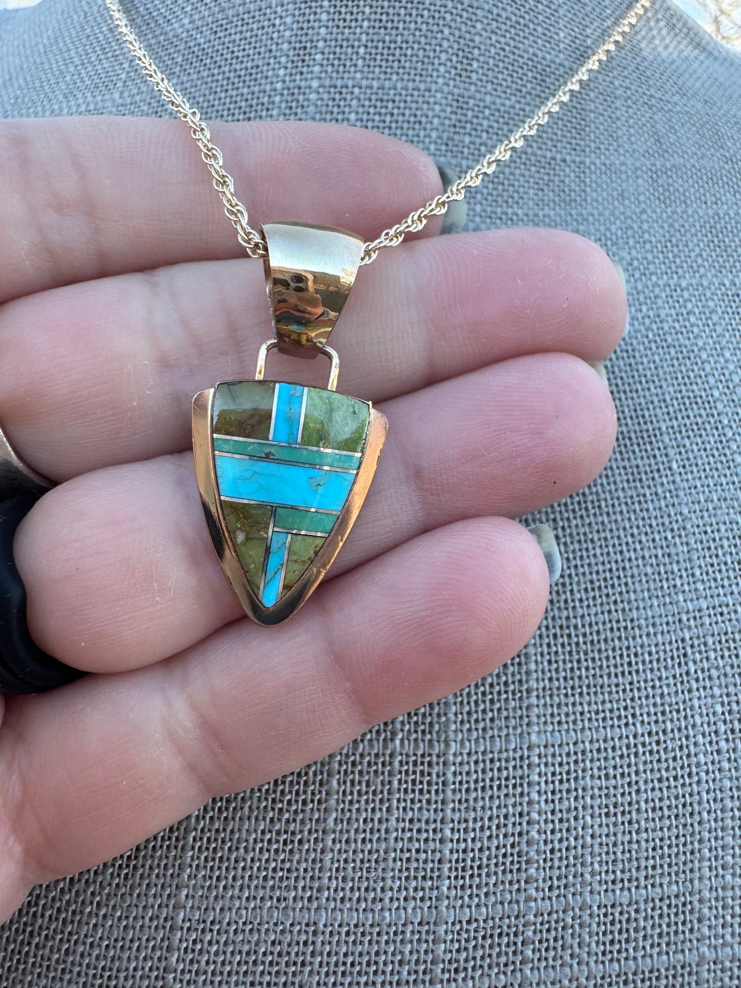 Handmade Gold Filled Over Sterling Silver & Sonoran Mountain Turquoise Inlay Pendant Necklace
