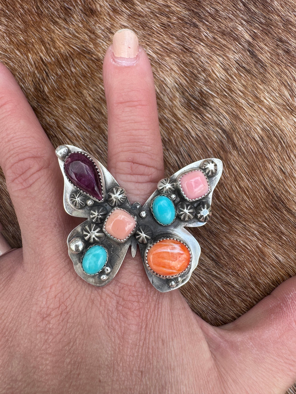 Handmade Multi Stone Adjustable Butterfly Ring by Roaming Buffalo