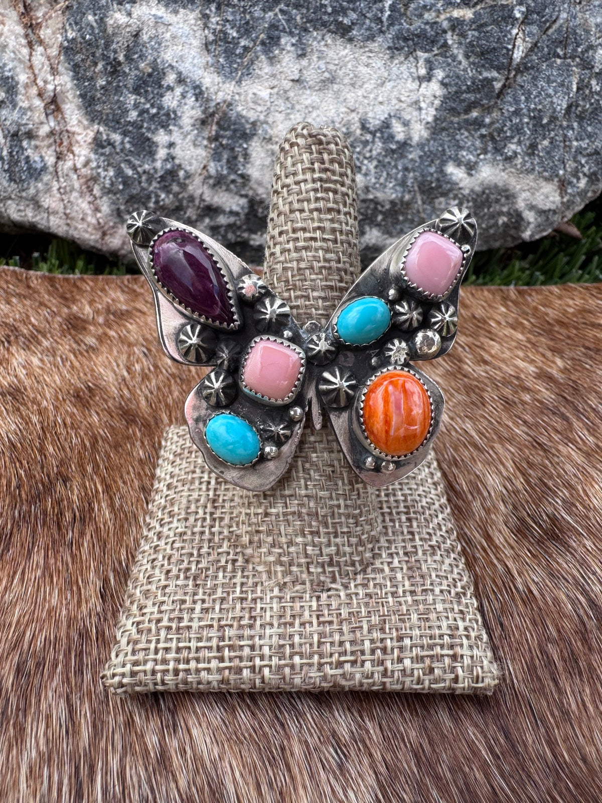 Handmade Multi Stone Adjustable Butterfly Ring by Roaming Buffalo