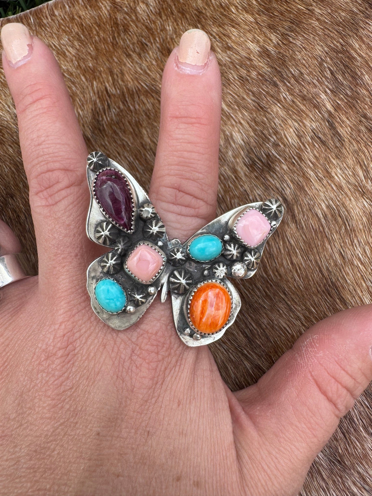 Handmade Multi Stone Adjustable Butterfly Ring by Roaming Buffalo