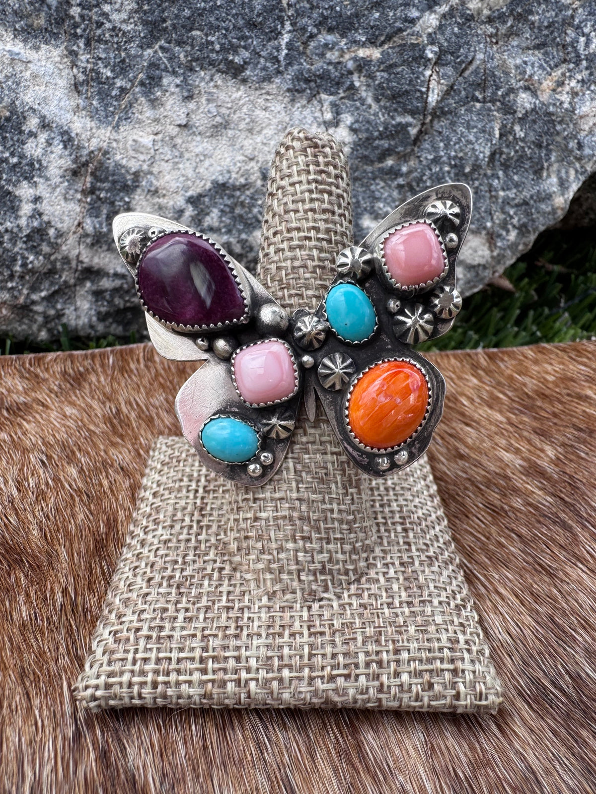 Handmade Multi Stone Adjustable Butterfly Ring by Roaming Buffalo
