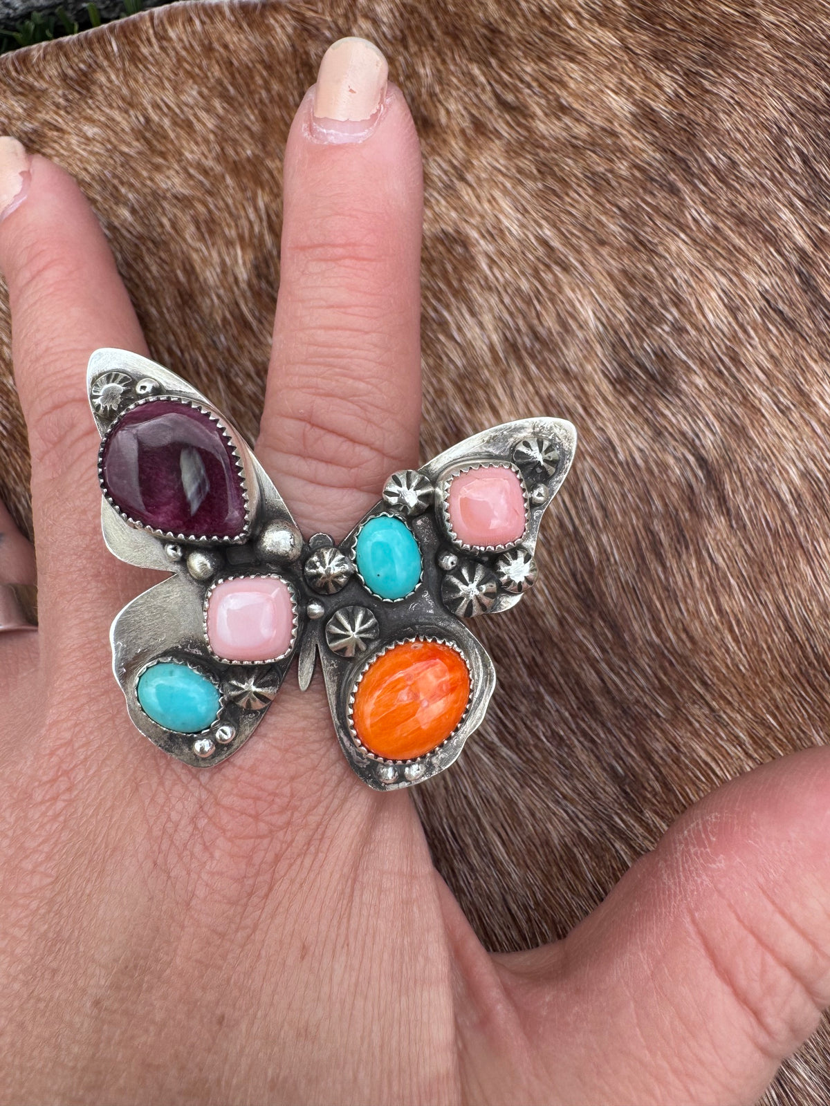 Handmade Multi Stone Adjustable Butterfly Ring by Roaming Buffalo