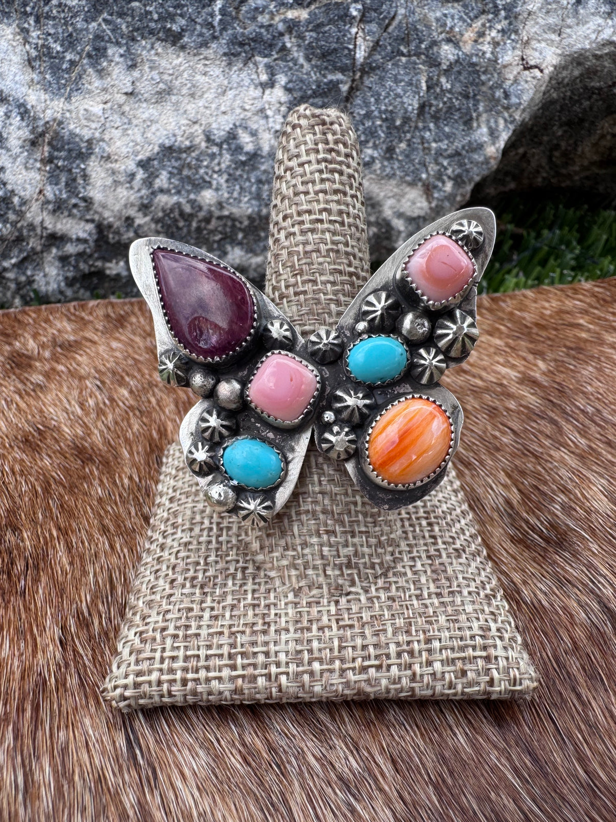 Handmade Multi Stone Adjustable Butterfly Ring by Roaming Buffalo