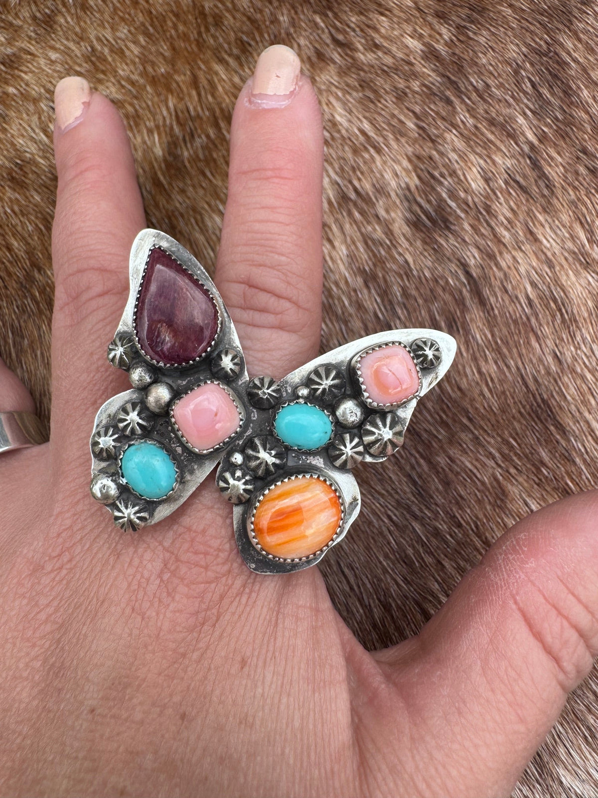 Handmade Multi Stone Adjustable Butterfly Ring by Roaming Buffalo
