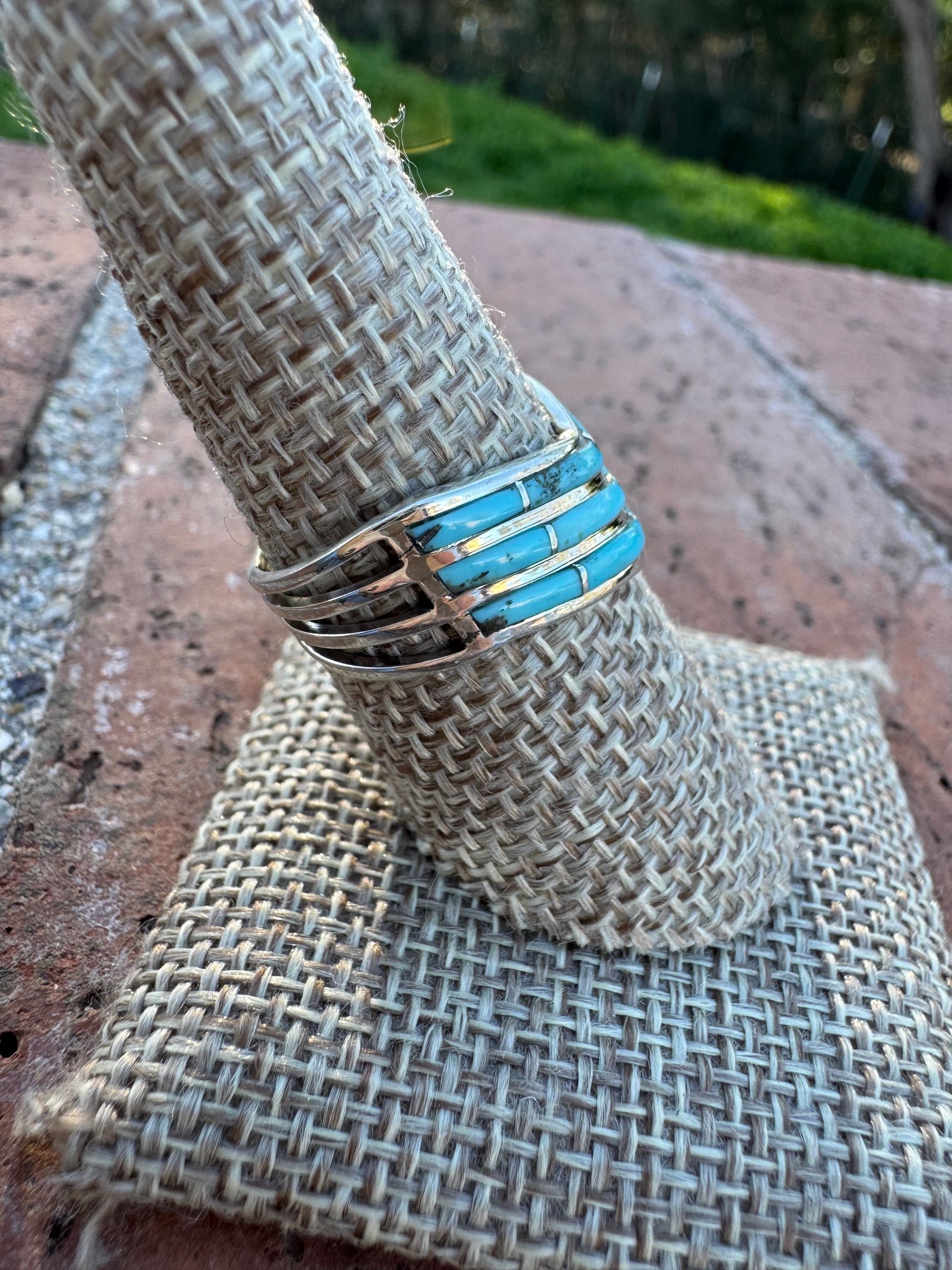 Handcrafted Sterling Silver & Kingman Turquoise Inlay 3 Row Stacker Ring