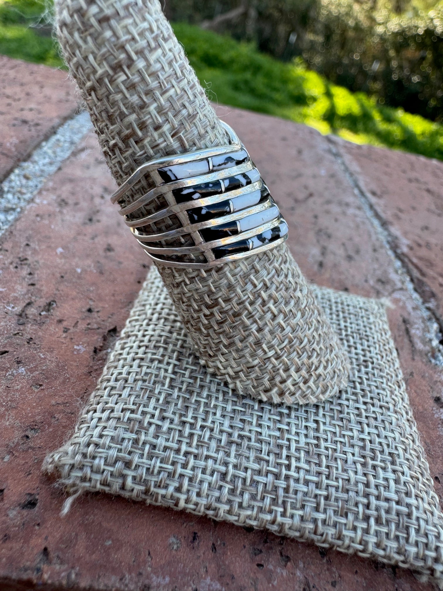 Handcrafted Sterling Silver & White Buffalo Inlay 5 Row Stacker Ring
