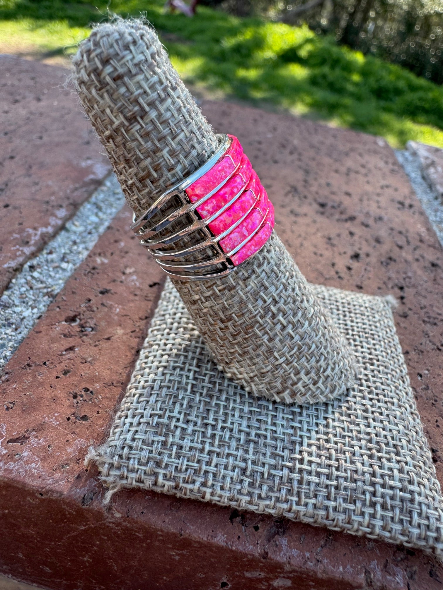 Handcrafted Sterling Silver & Pink Opal Inlay 5 Row Stacker Ring