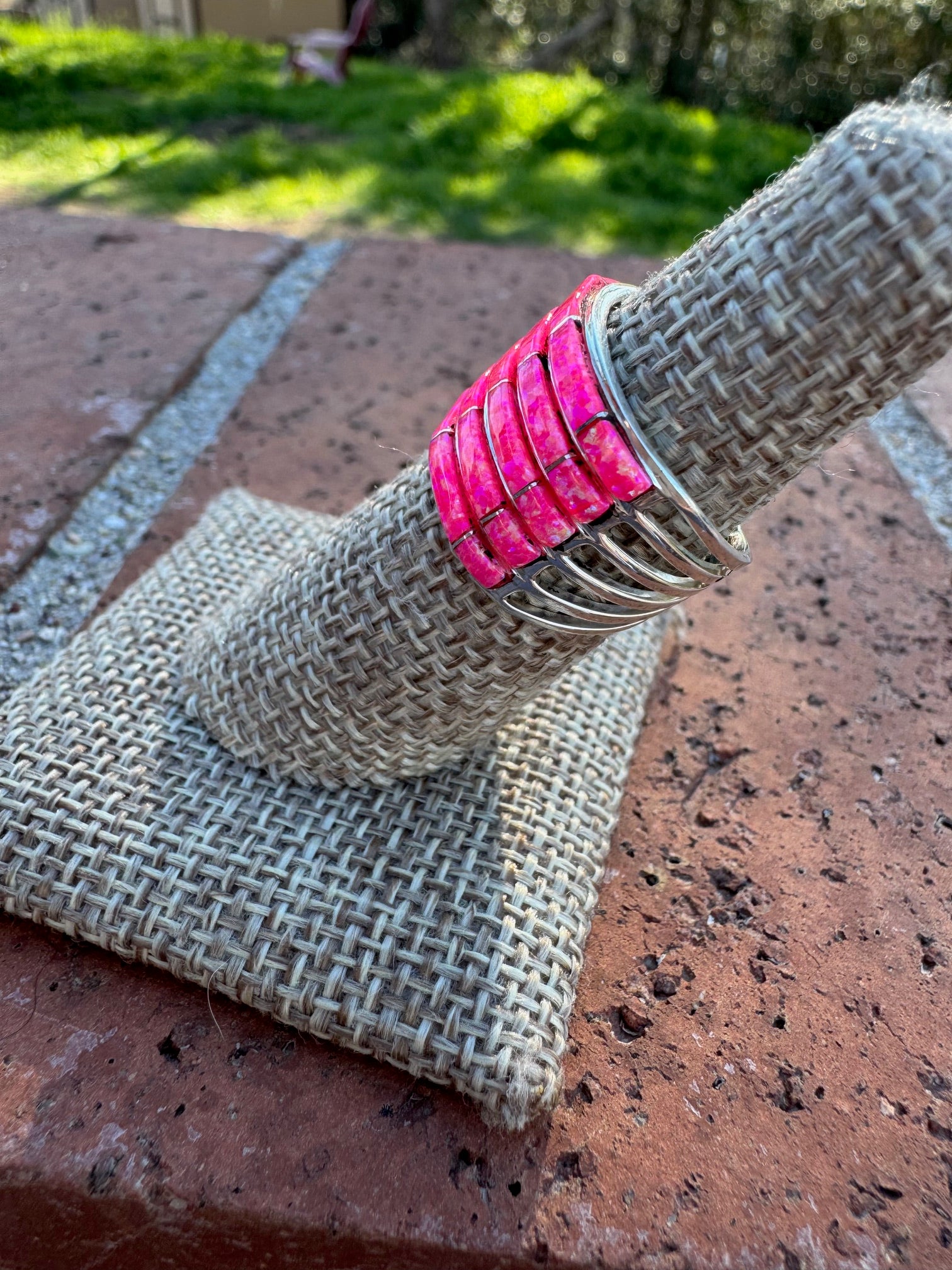 Handcrafted Sterling Silver & Pink Opal Inlay 5 Row Stacker Ring