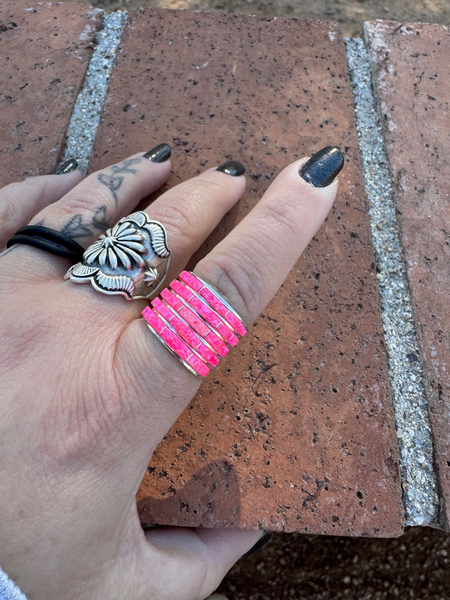 Handcrafted Sterling Silver & Pink Opal Inlay 5 Row Stacker Ring