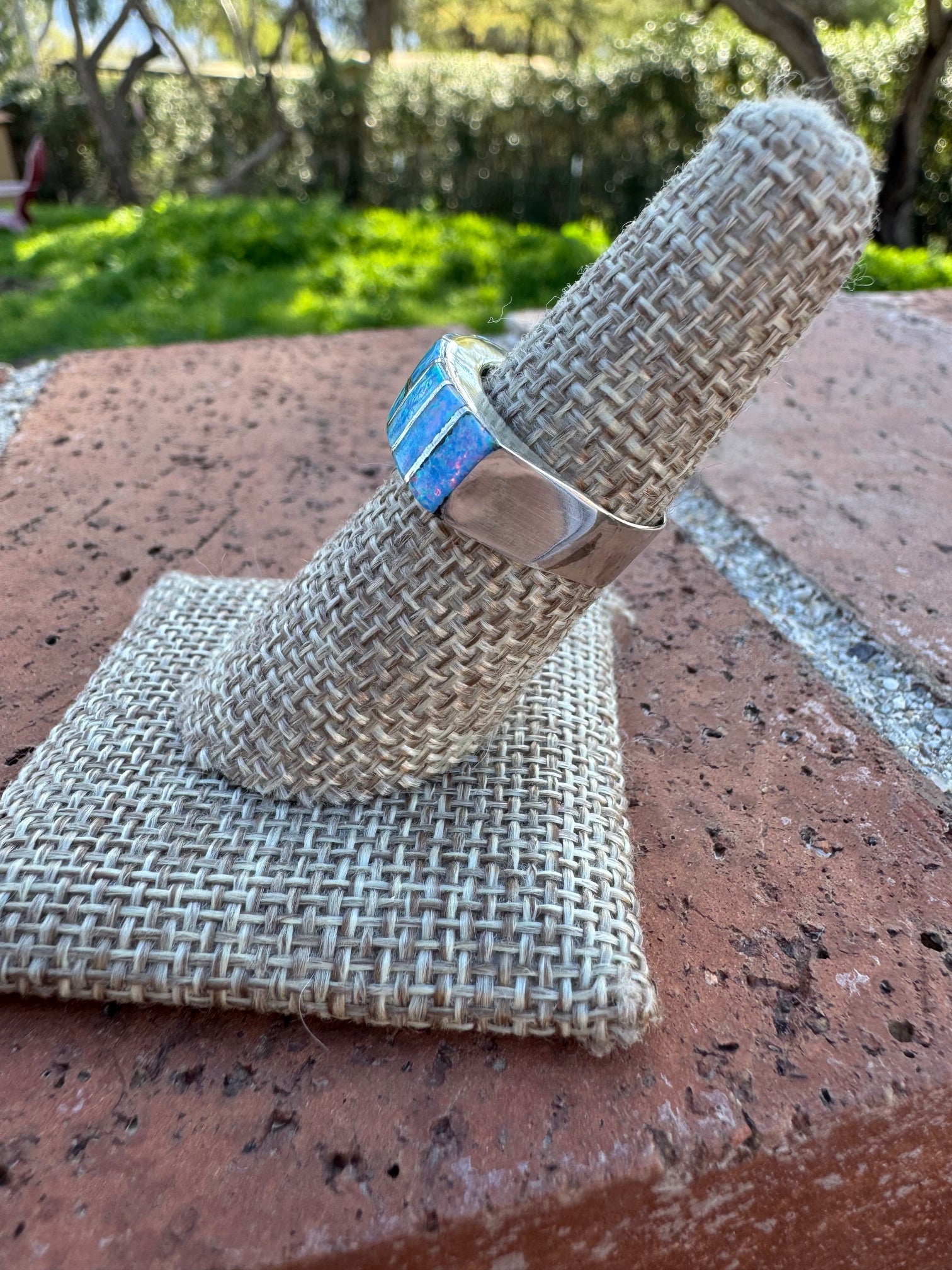 Handcrafted Sterling Silver & Blue Fire Opal Inlay Band Ring