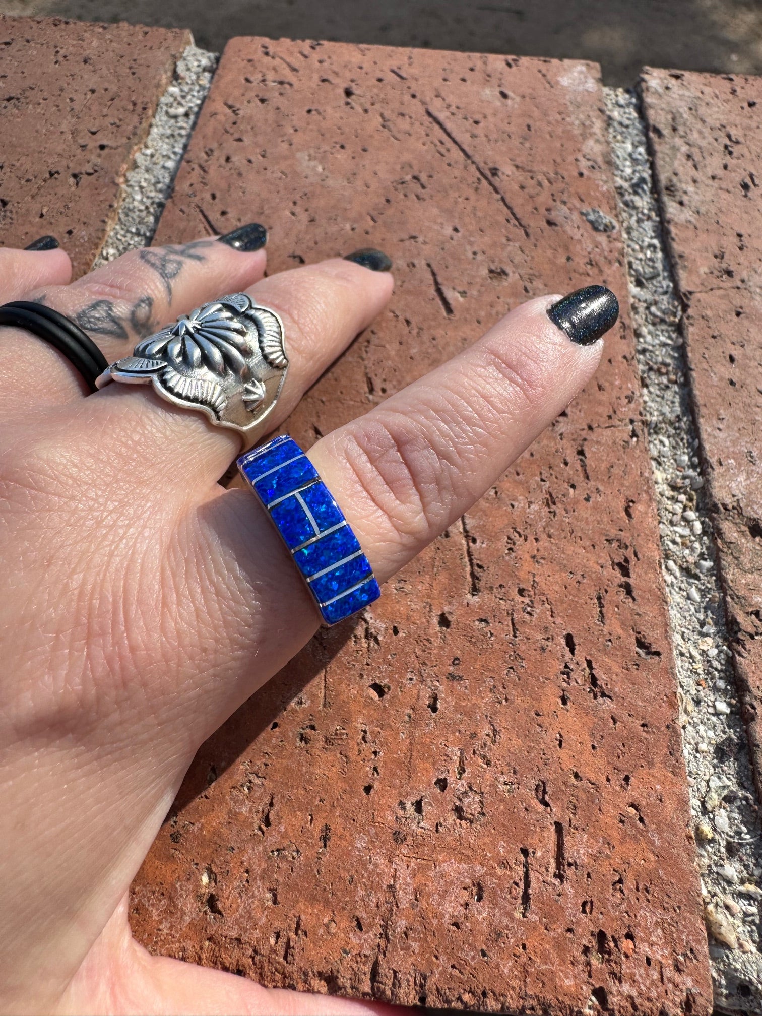 Handcrafted Sterling Silver & Royal Blue Opal Inlay Band Ring Size 7