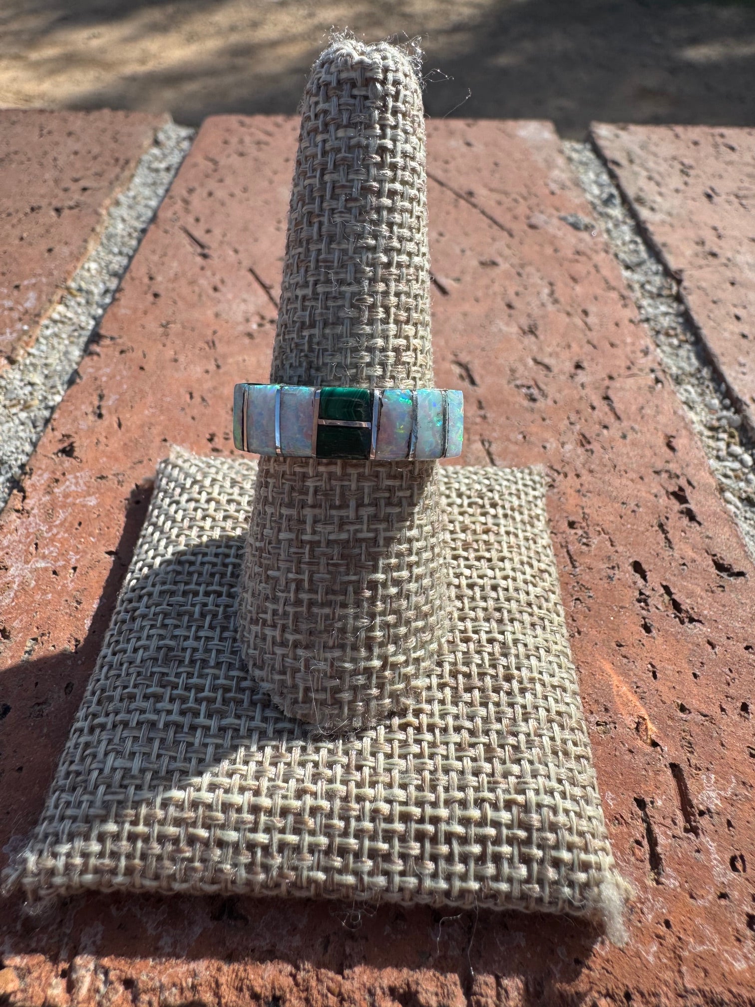 Handcrafted Sterling Silver & White Fire Opal with Malachite Inlay Band Ring size 8.75