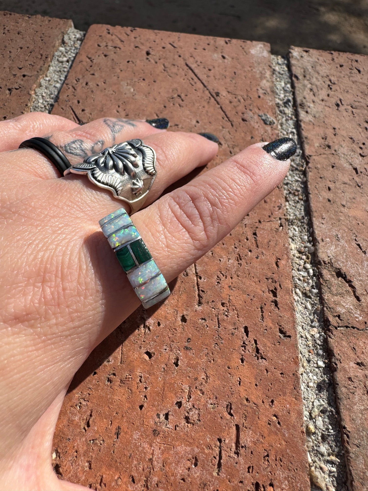 Handcrafted Sterling Silver & White Fire Opal with Malachite Inlay Band Ring size 8.75