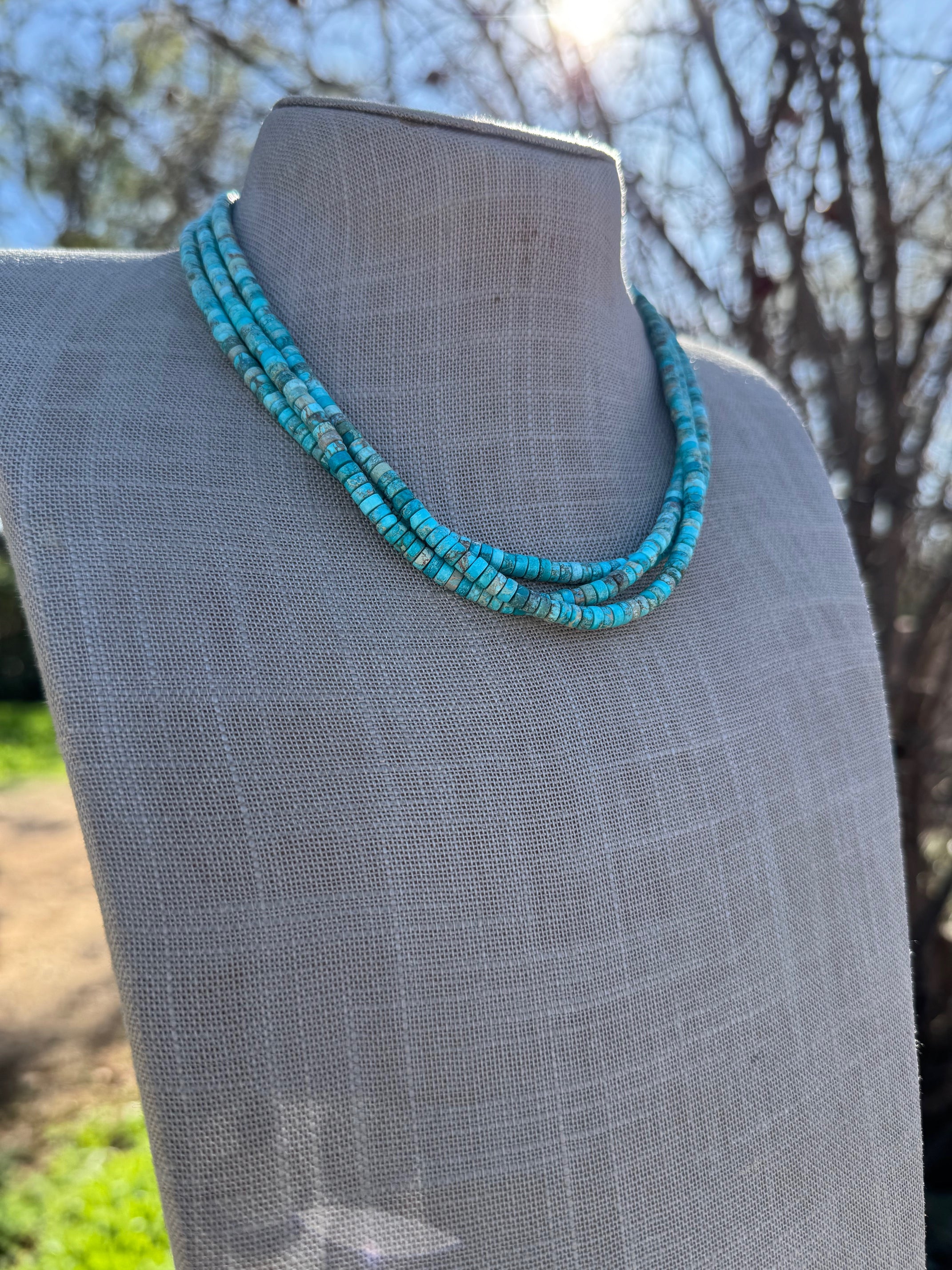 Handcrafted Sterling Silver & Rolled Kingman Turquoise Beaded Necklace 17"