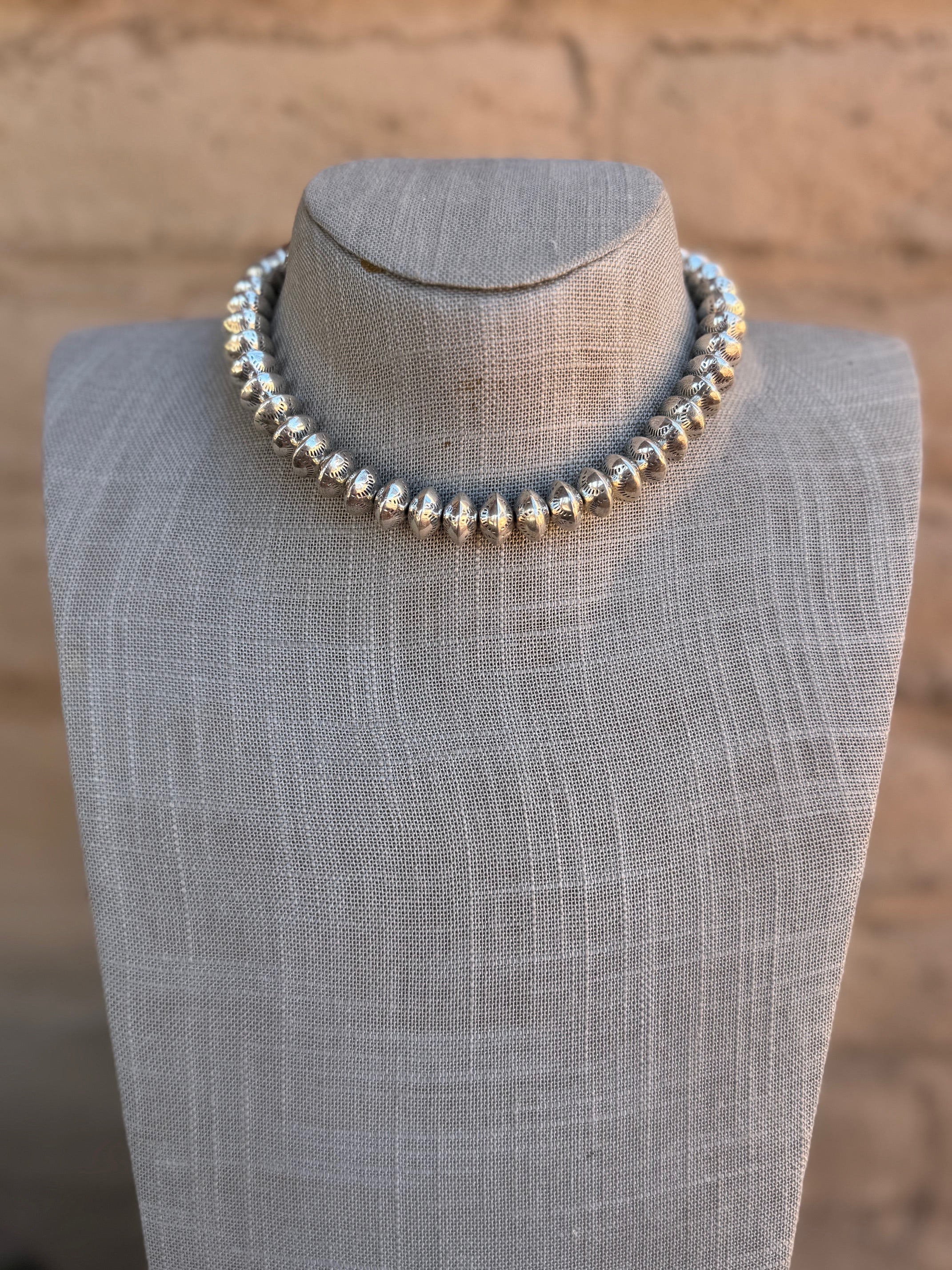 Handmade Sterling Silver Stamped 10mm Beaded Necklace 14"