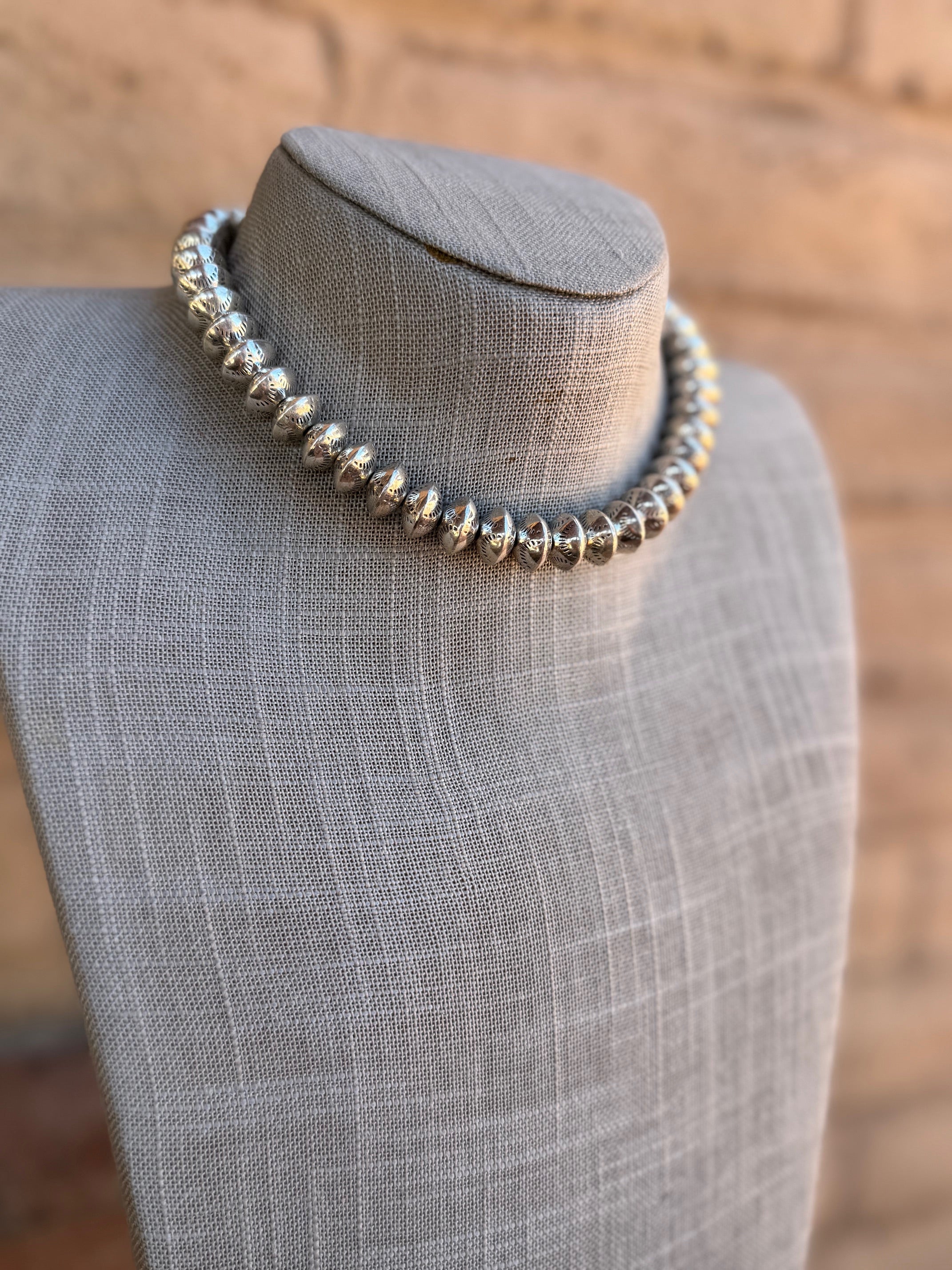 Handmade Sterling Silver Stamped 10mm Beaded Necklace 14"