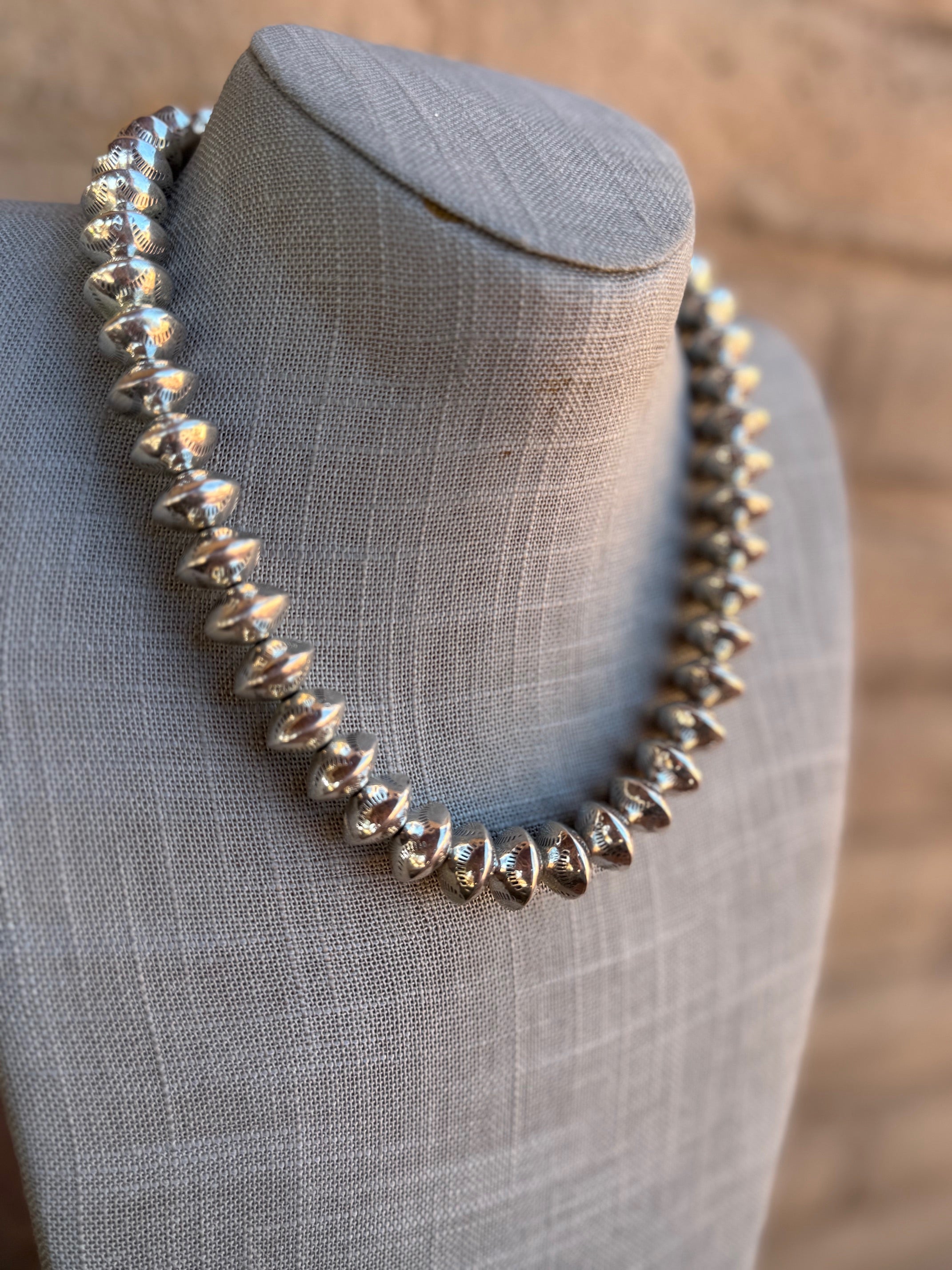 Handmade Sterling Silver Stamped 14mm Beaded Necklace 18"