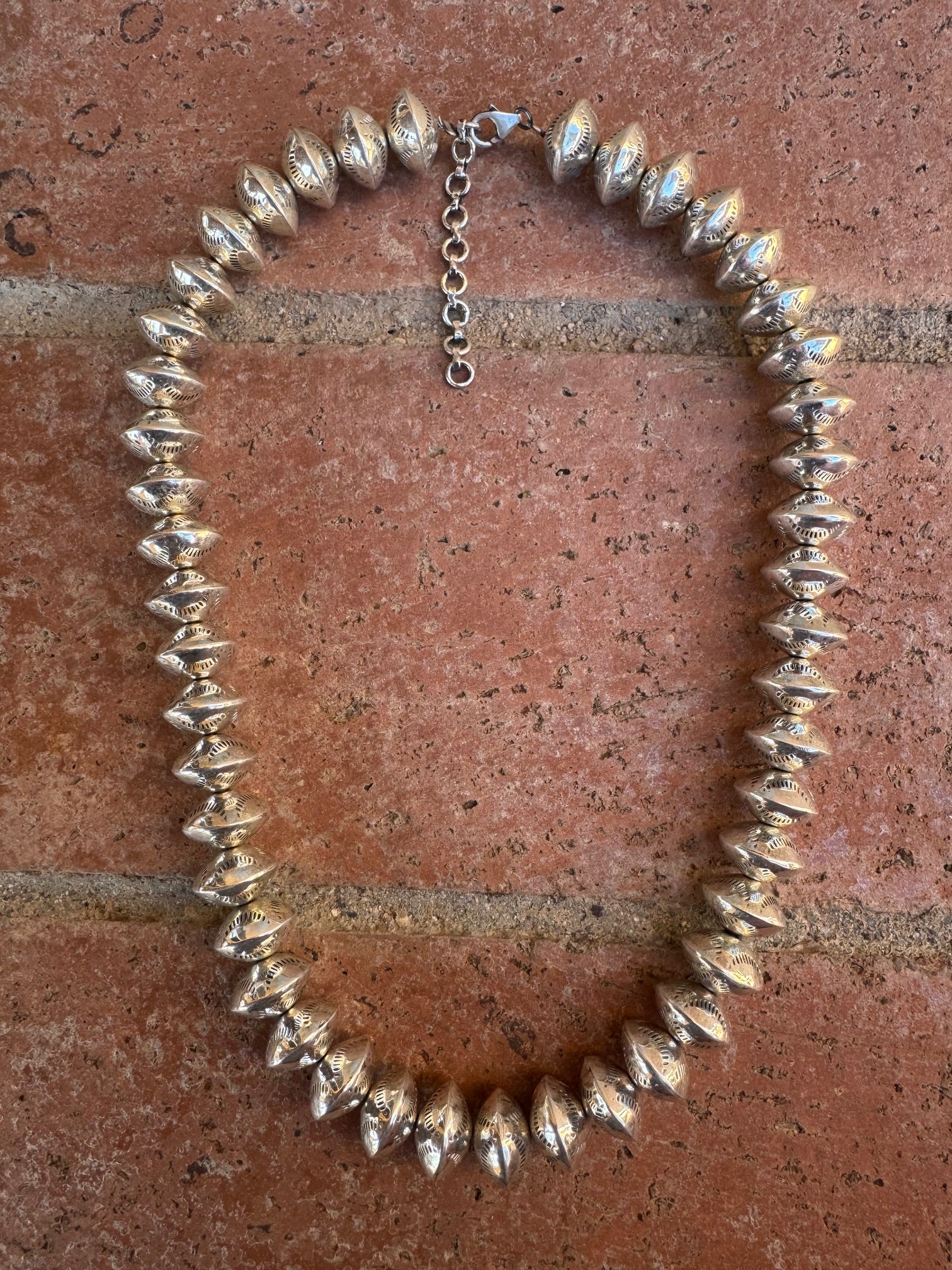 Handmade Sterling Silver Stamped 14mm Beaded Necklace 18"