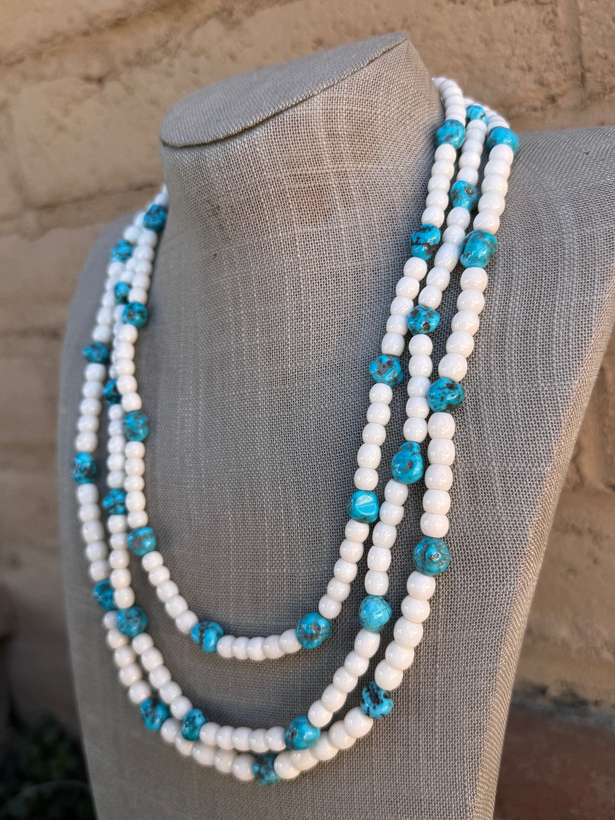 Handcrafted Kingman Turquoise & Mother of Pearl Sterling Silver 3 strand Beaded Necklace 22"