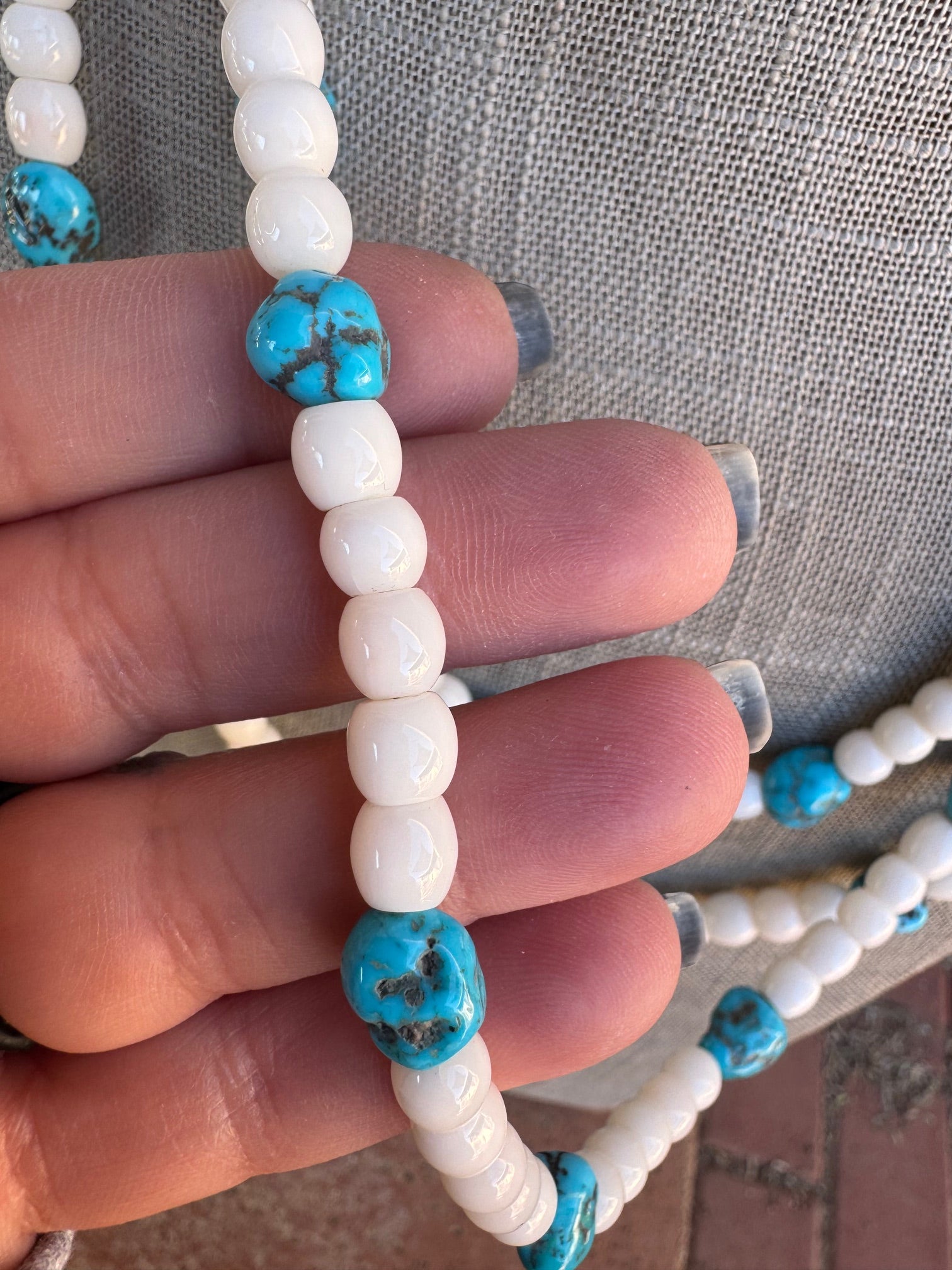 Handcrafted Kingman Turquoise & Mother of Pearl Sterling Silver 3 strand Beaded Necklace 22"