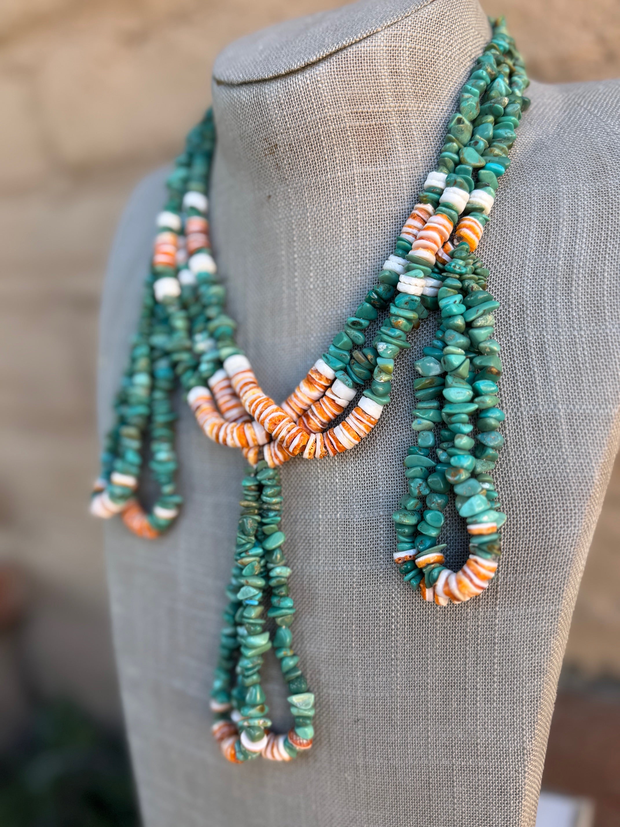 Handcrafted Turquoise & Spiny Triple Jacla Beaded Necklace 24"