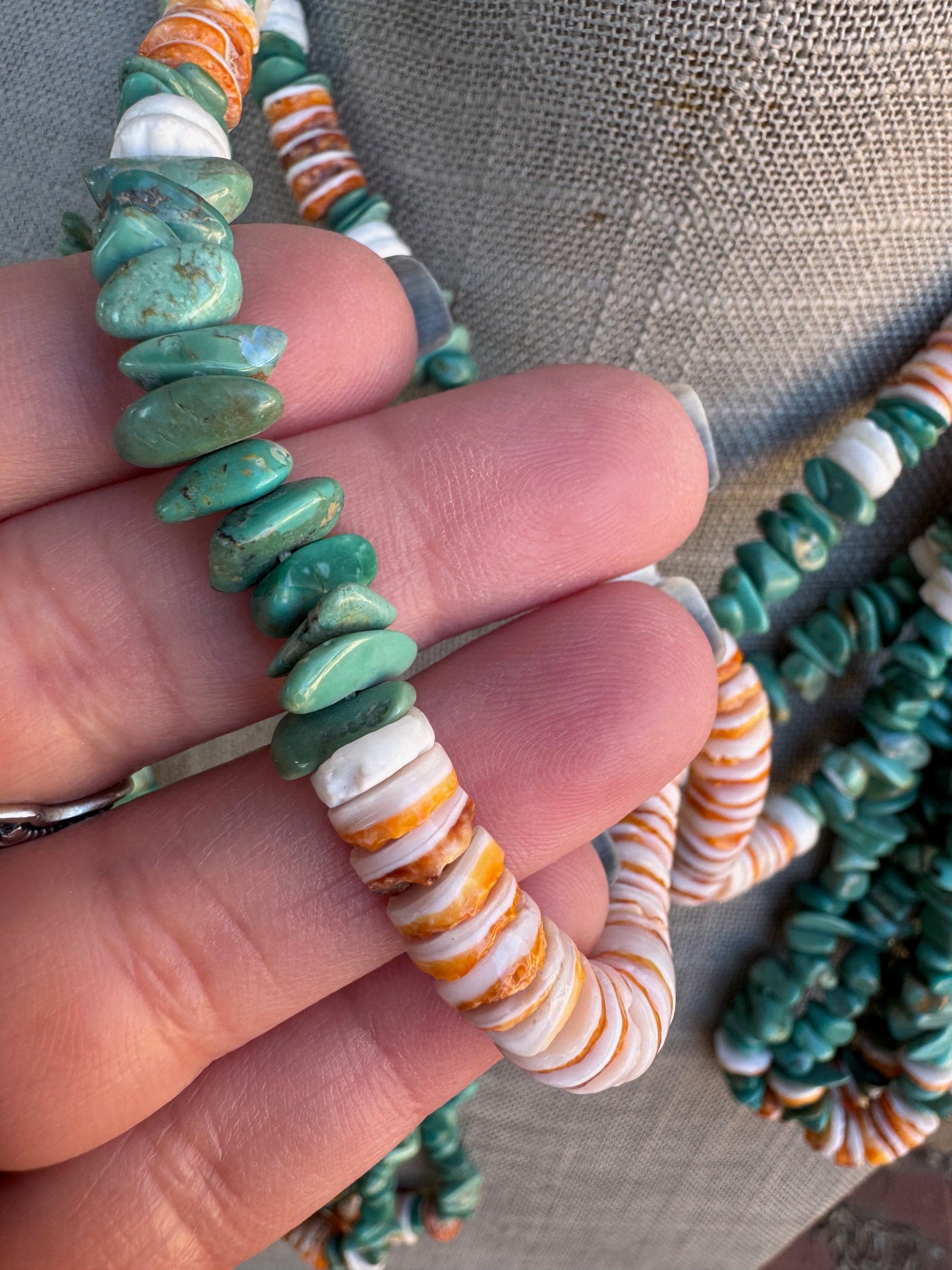 Handcrafted Turquoise & Spiny Triple Jacla Beaded Necklace 24"