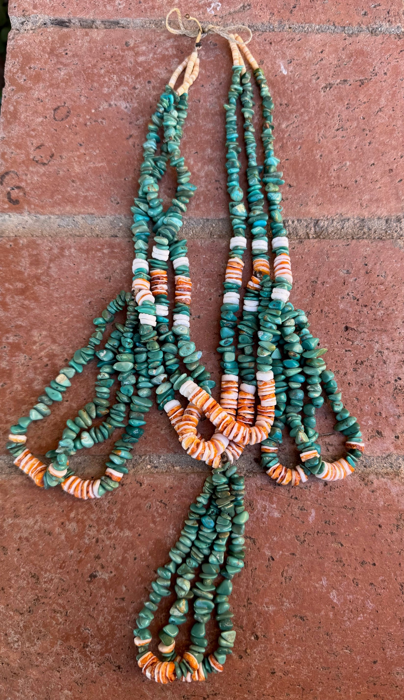 Handcrafted Turquoise & Spiny Triple Jacla Beaded Necklace 24"