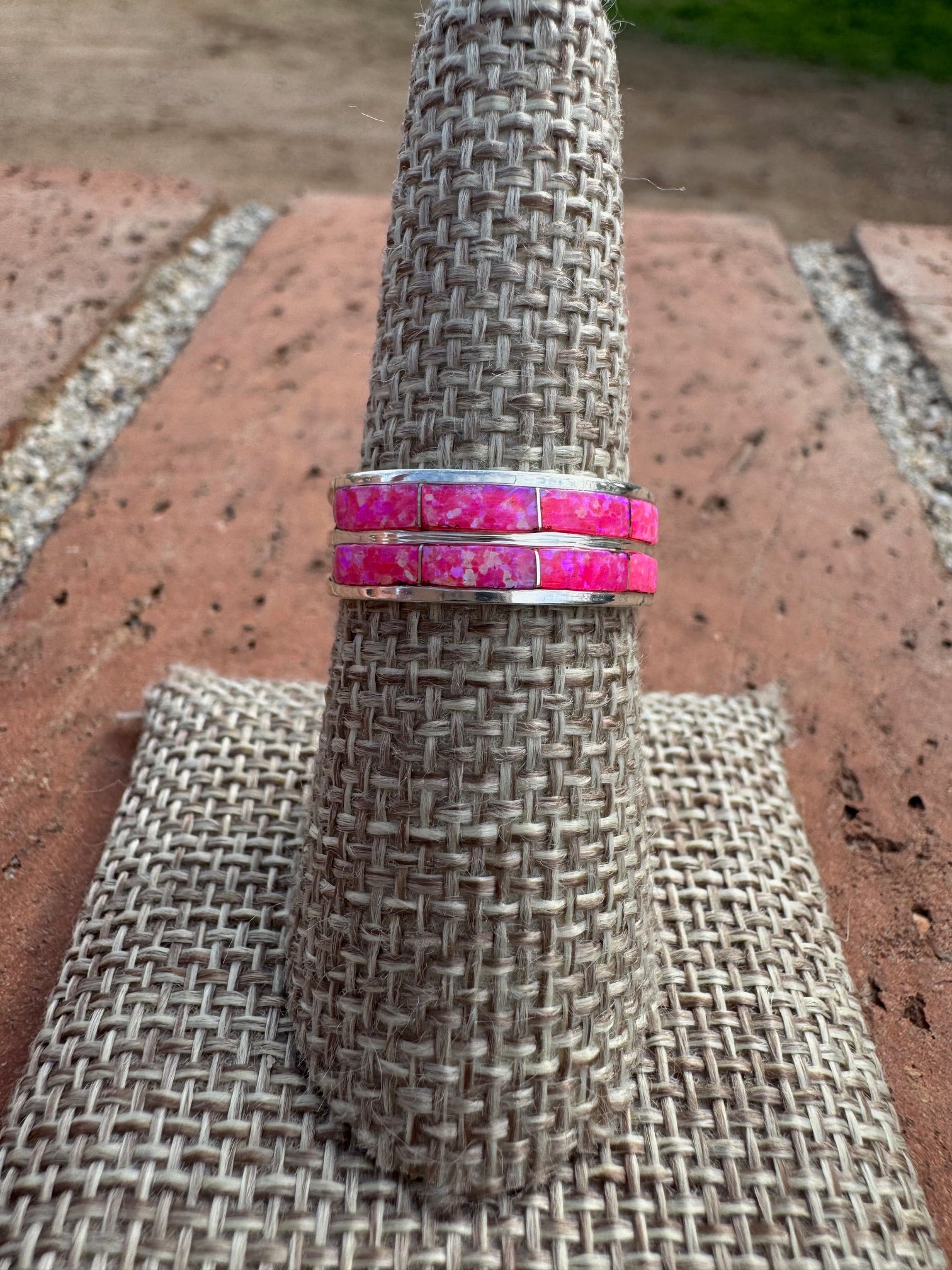 Handcrafted Sterling Silver & Hot Pink Fire Opal Double Row Inlay Band Ring