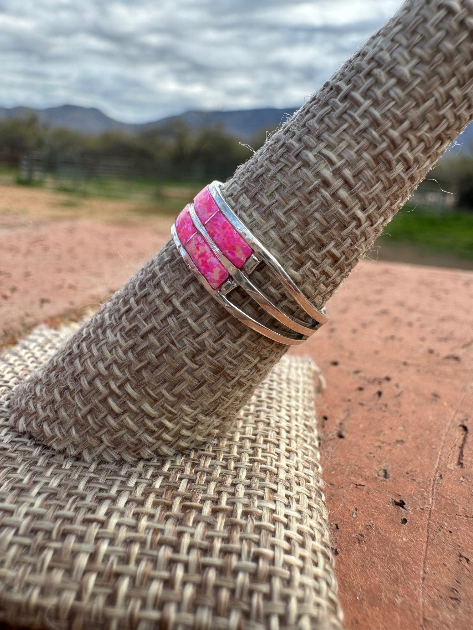 Handcrafted Sterling Silver & Hot Pink Fire Opal Double Row Inlay Band Ring