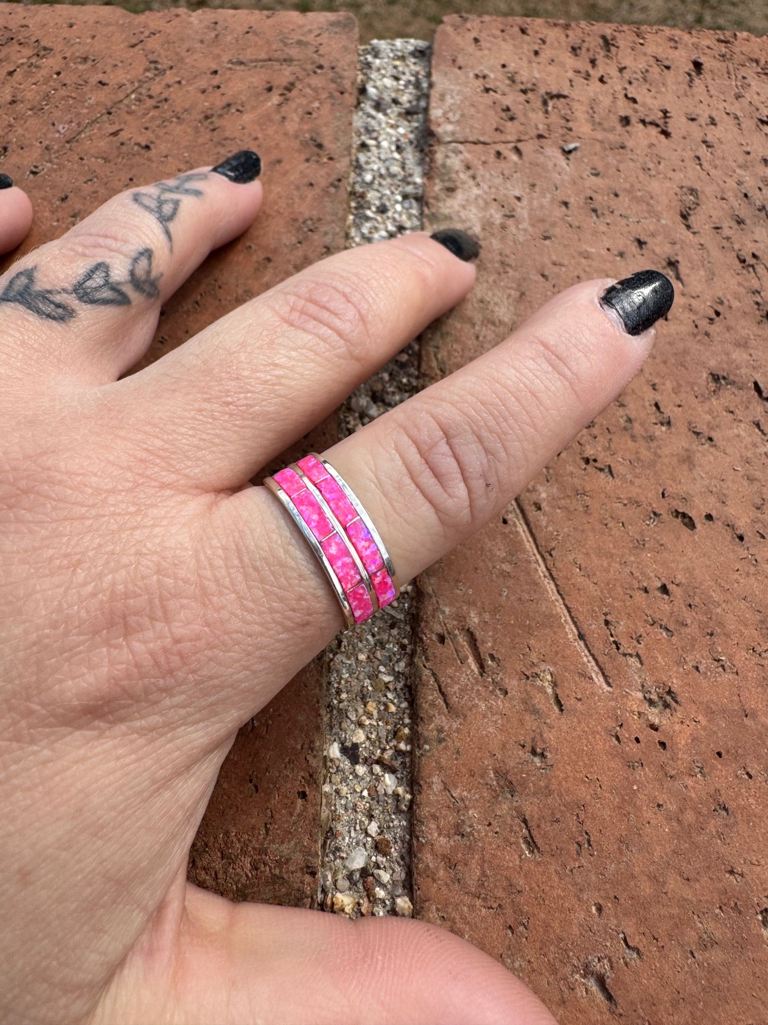 Handcrafted Sterling Silver & Hot Pink Fire Opal Double Row Inlay Band Ring