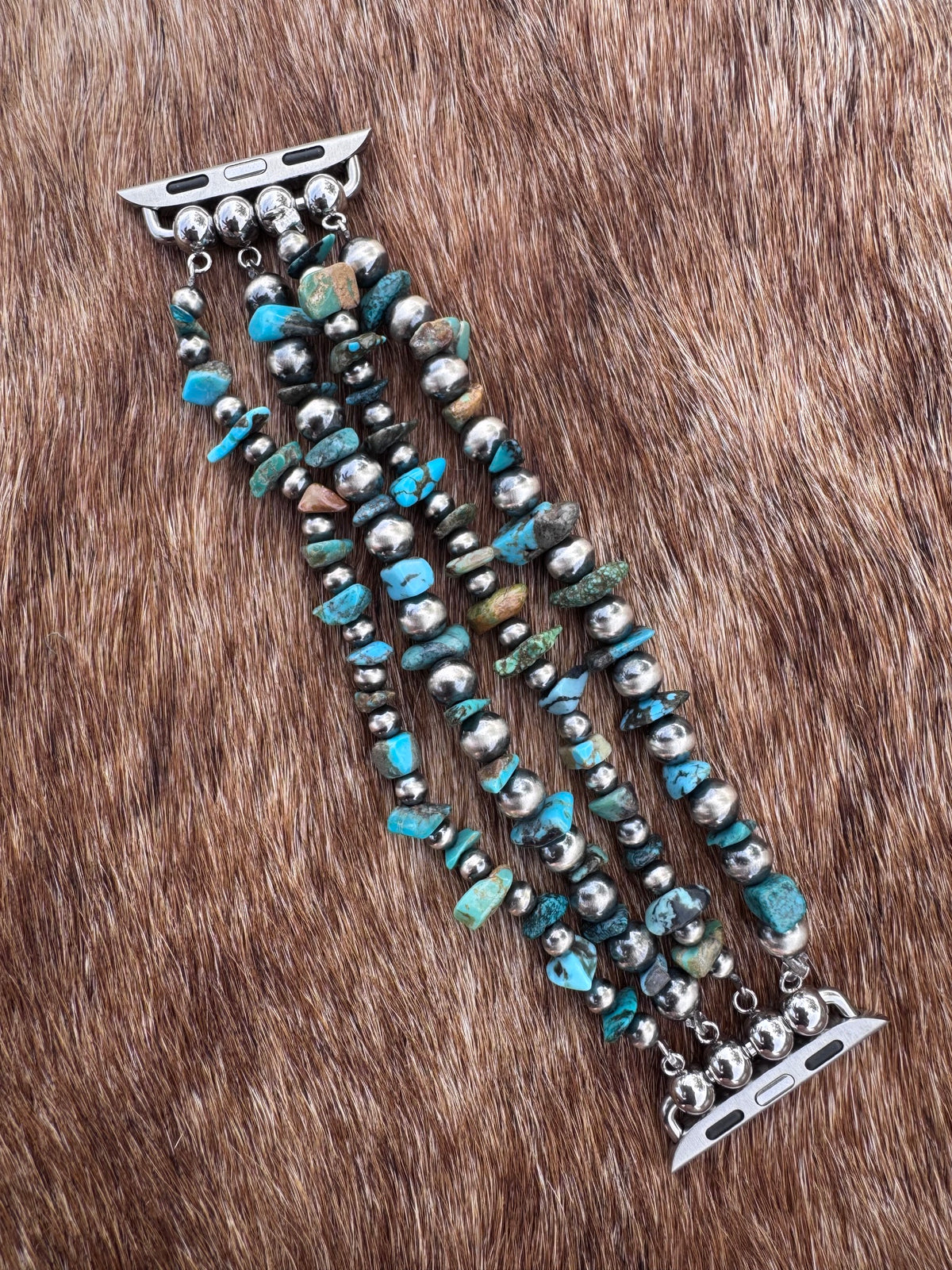 Handmade Turquoise & Sterling Silver Pearl Stretch 4-6mm Beaded Watch Band 5.5-6"
