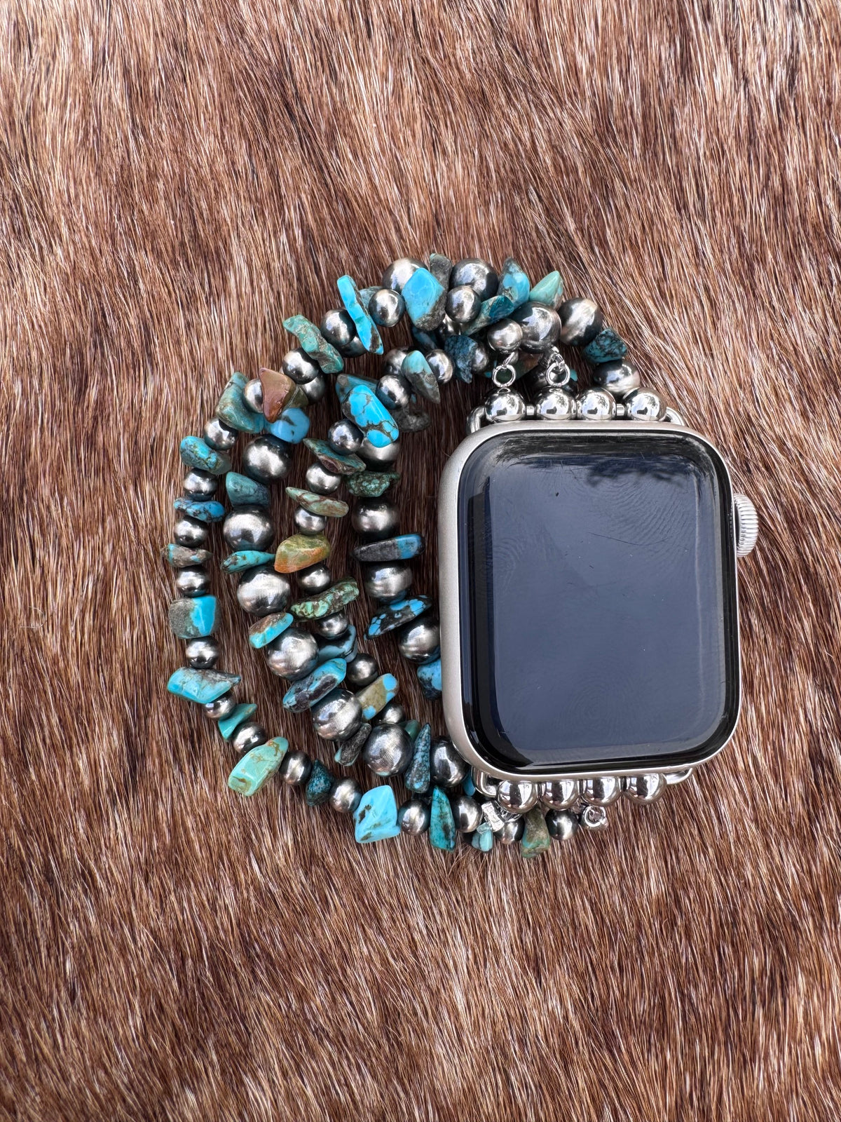 Handmade Turquoise & Sterling Silver Pearl Stretch 4-6mm Beaded Watch Band 5.5-6"