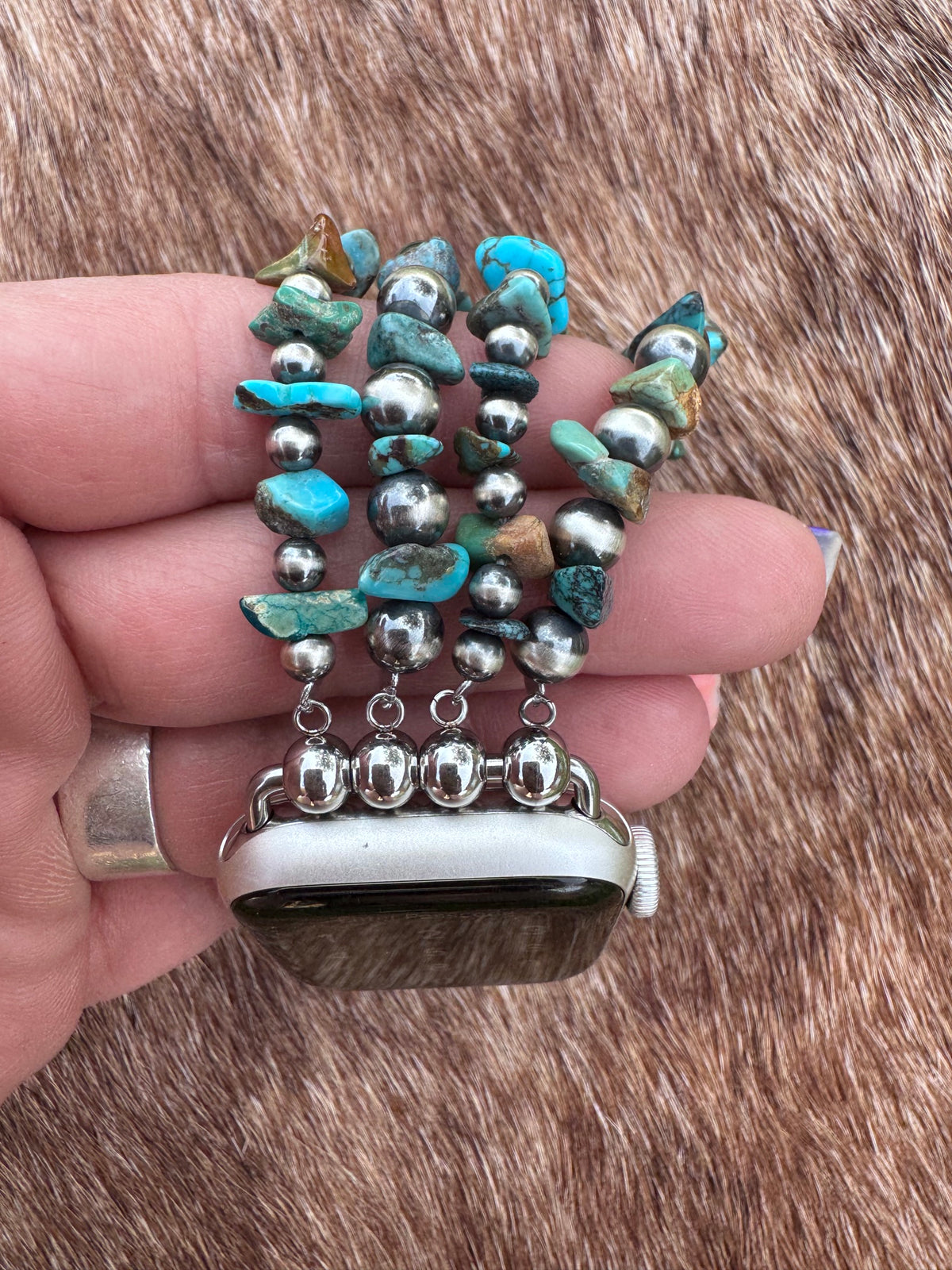 Handmade Turquoise & Sterling Silver Pearl Stretch 4-6mm Beaded Watch Band 5.5-6"