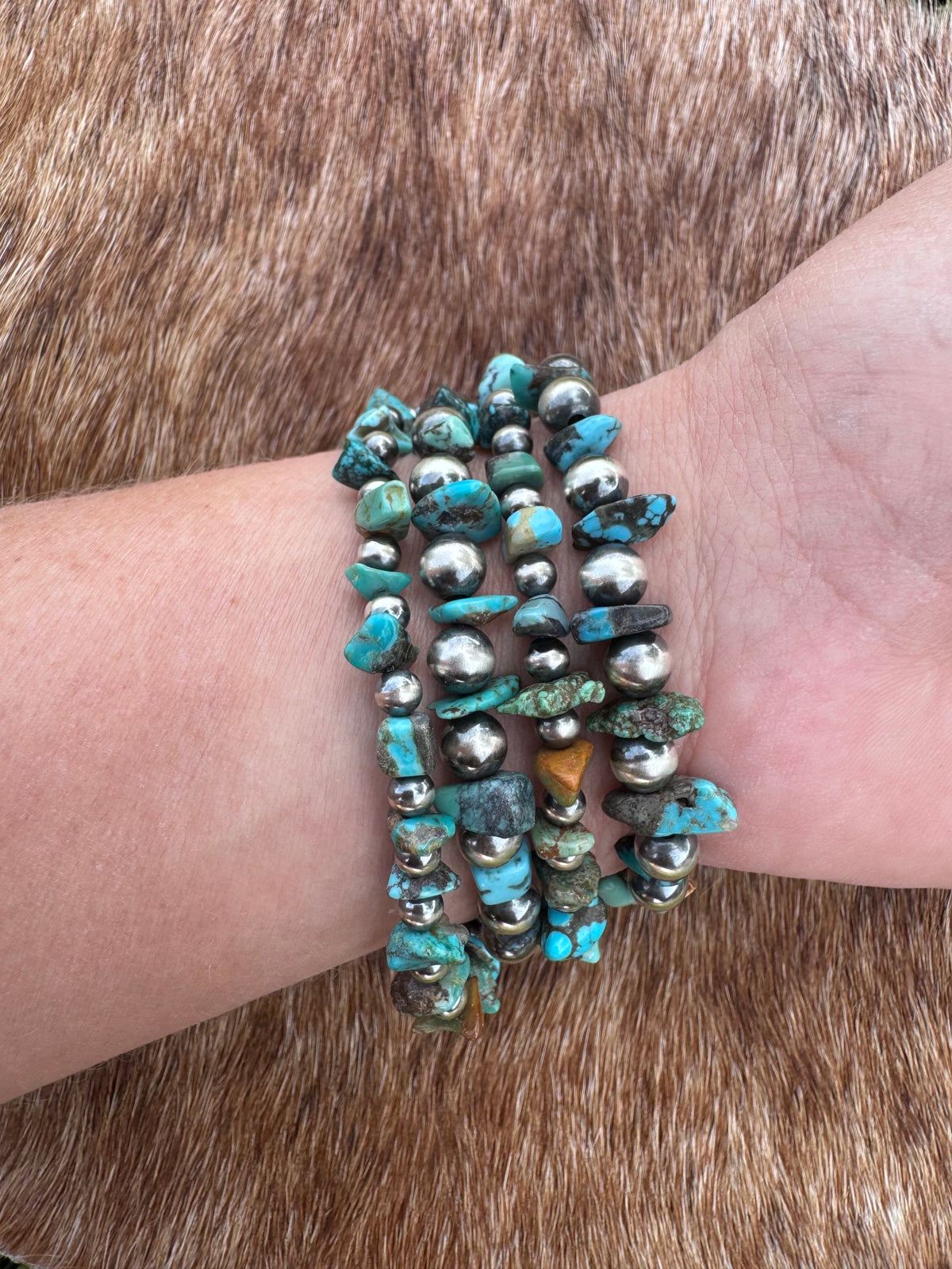 Handmade Turquoise & Sterling Silver Pearl Stretch 4-6mm Beaded Watch Band 5.5-6"