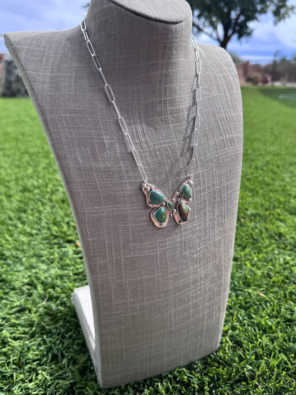 Handmade Sterling Silver & Mixed Media Turquoise Butterfly 19.5" Necklace by Roaming Buffalo