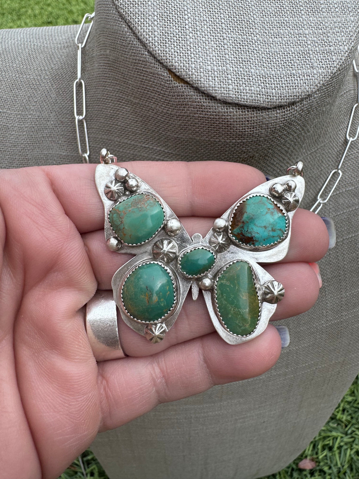Handmade Sterling Silver & Mixed Media Turquoise Butterfly 19.5" Necklace by Roaming Buffalo