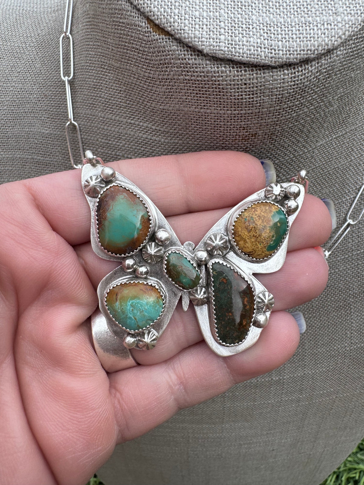 Handmade Sterling Silver & Mixed Media Turquoise Butterfly 19.5" Necklace by Roaming Buffalo