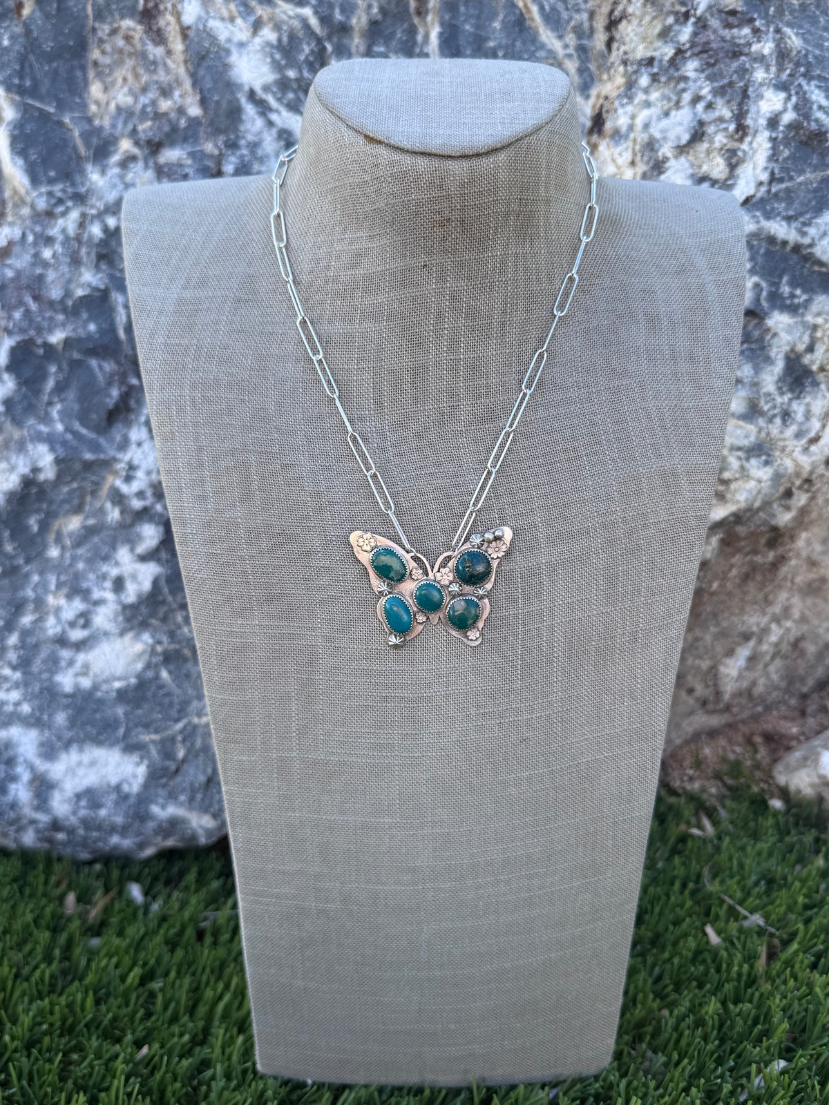 Handmade Sterling Silver & Mixed Media Turquoise Butterfly 18.25" Necklace by Roaming Buffalo