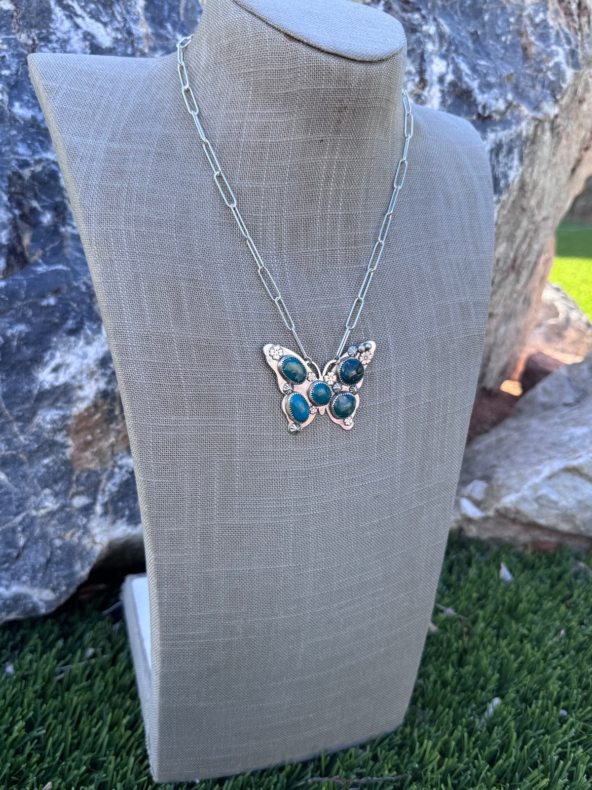 Handmade Sterling Silver & Mixed Media Turquoise Butterfly 18.25" Necklace by Roaming Buffalo