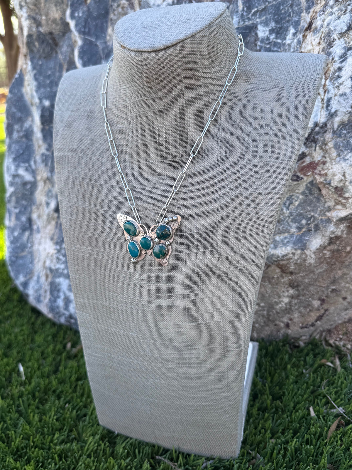 Handmade Sterling Silver & Mixed Media Turquoise Butterfly 18.25" Necklace by Roaming Buffalo