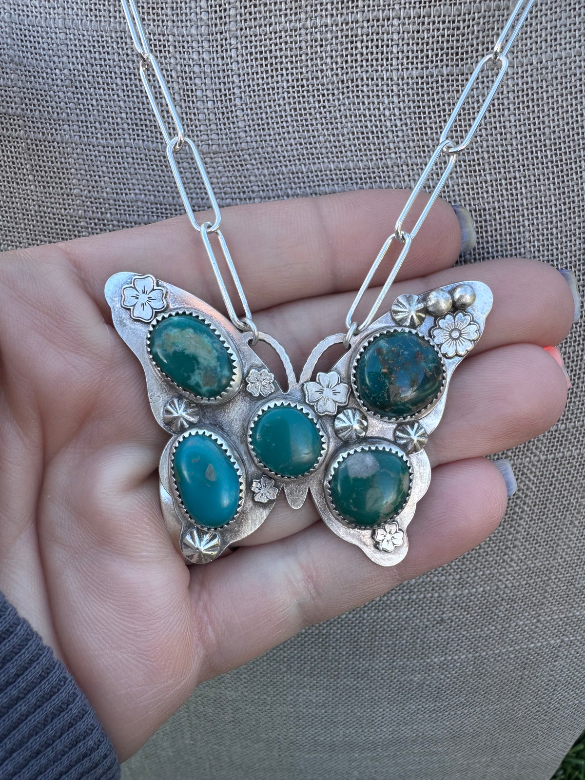 Handmade Sterling Silver & Mixed Media Turquoise Butterfly 18.25" Necklace by Roaming Buffalo