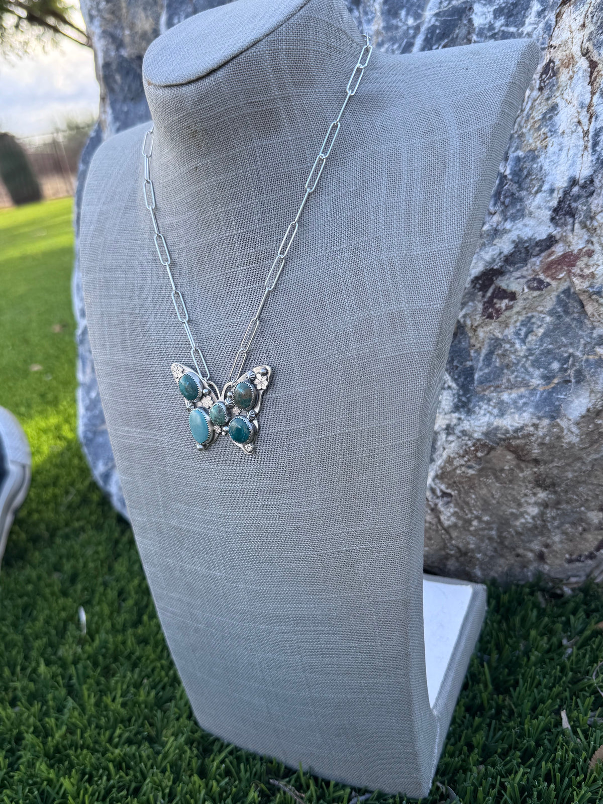 Handmade Sterling Silver & Mixed Media Turquoise Butterfly 18" Necklace by Roaming Buffalo