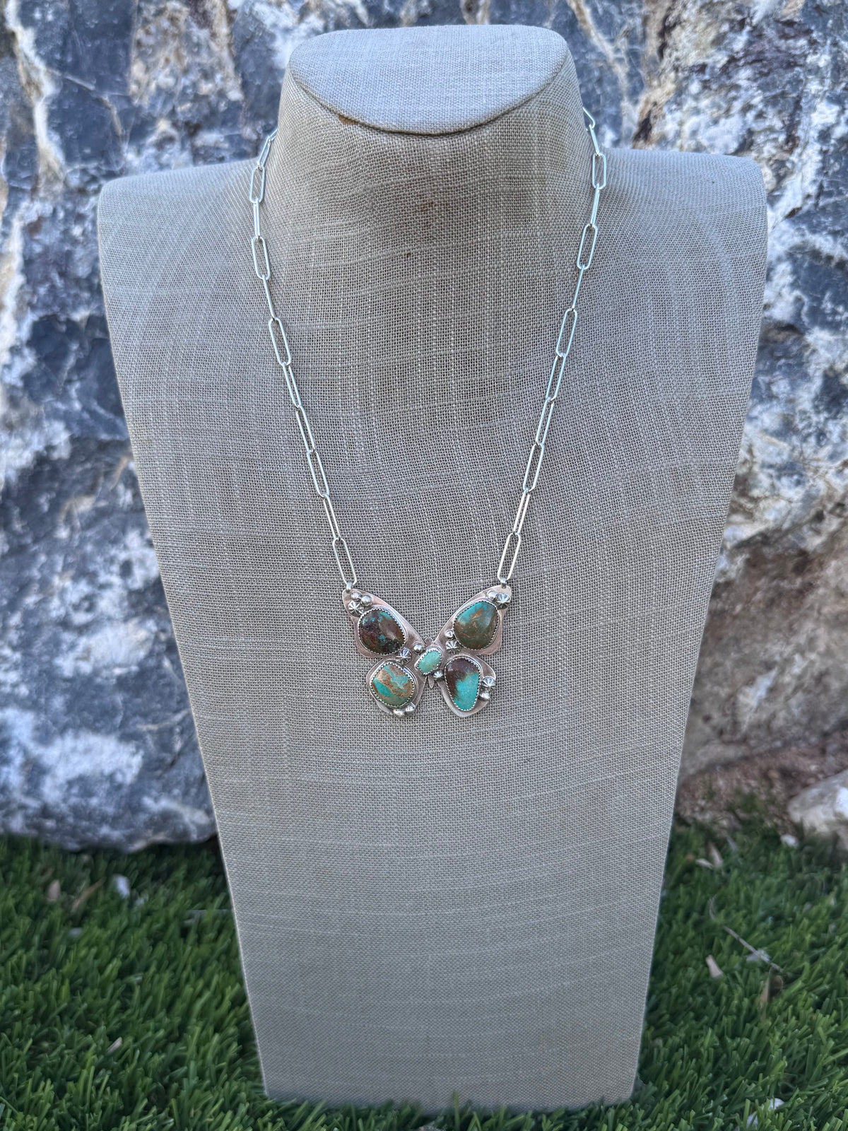 Handmade Sterling Silver & Mixed Media Turquoise Butterfly 18.5" Necklace by Roaming Buffalo