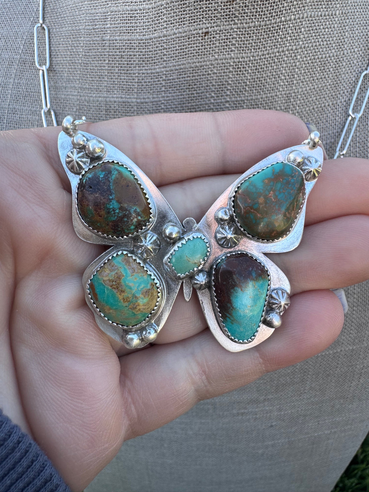 Handmade Sterling Silver & Mixed Media Turquoise Butterfly 18.5" Necklace by Roaming Buffalo