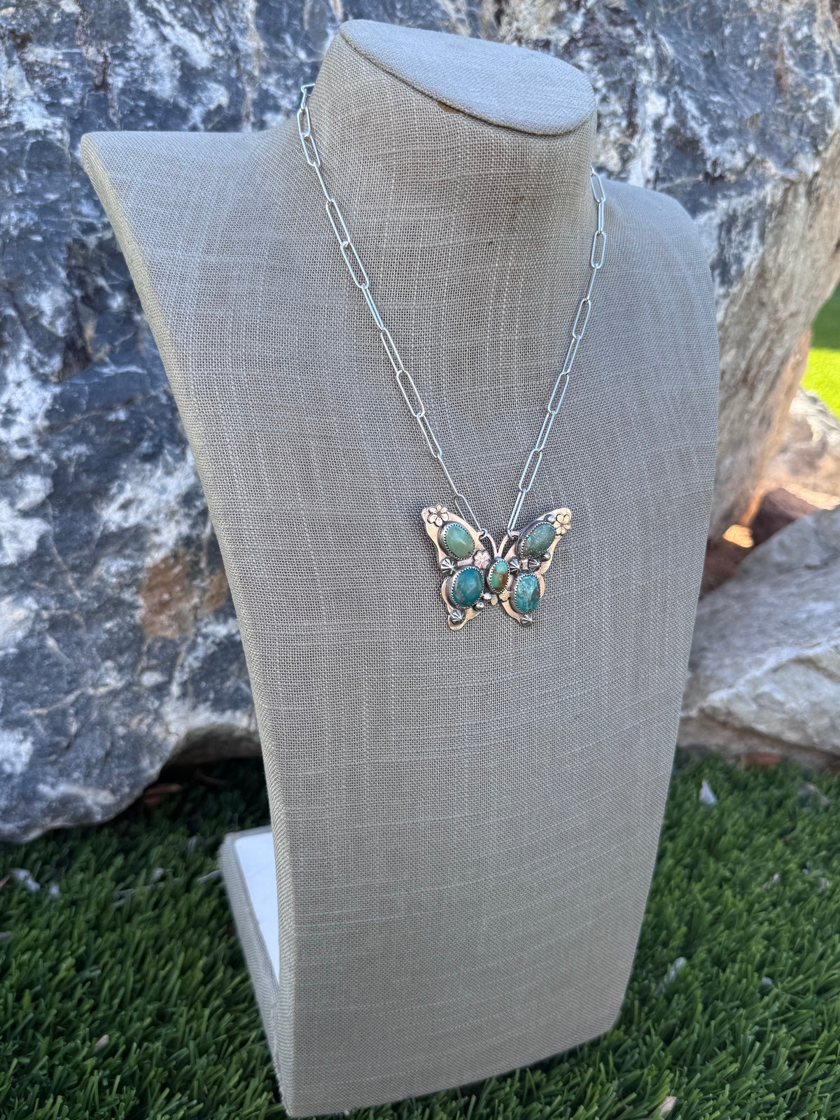 Handmade Sterling Silver & Mixed Media Turquoise Butterfly 18" Necklace by Roaming Buffalo