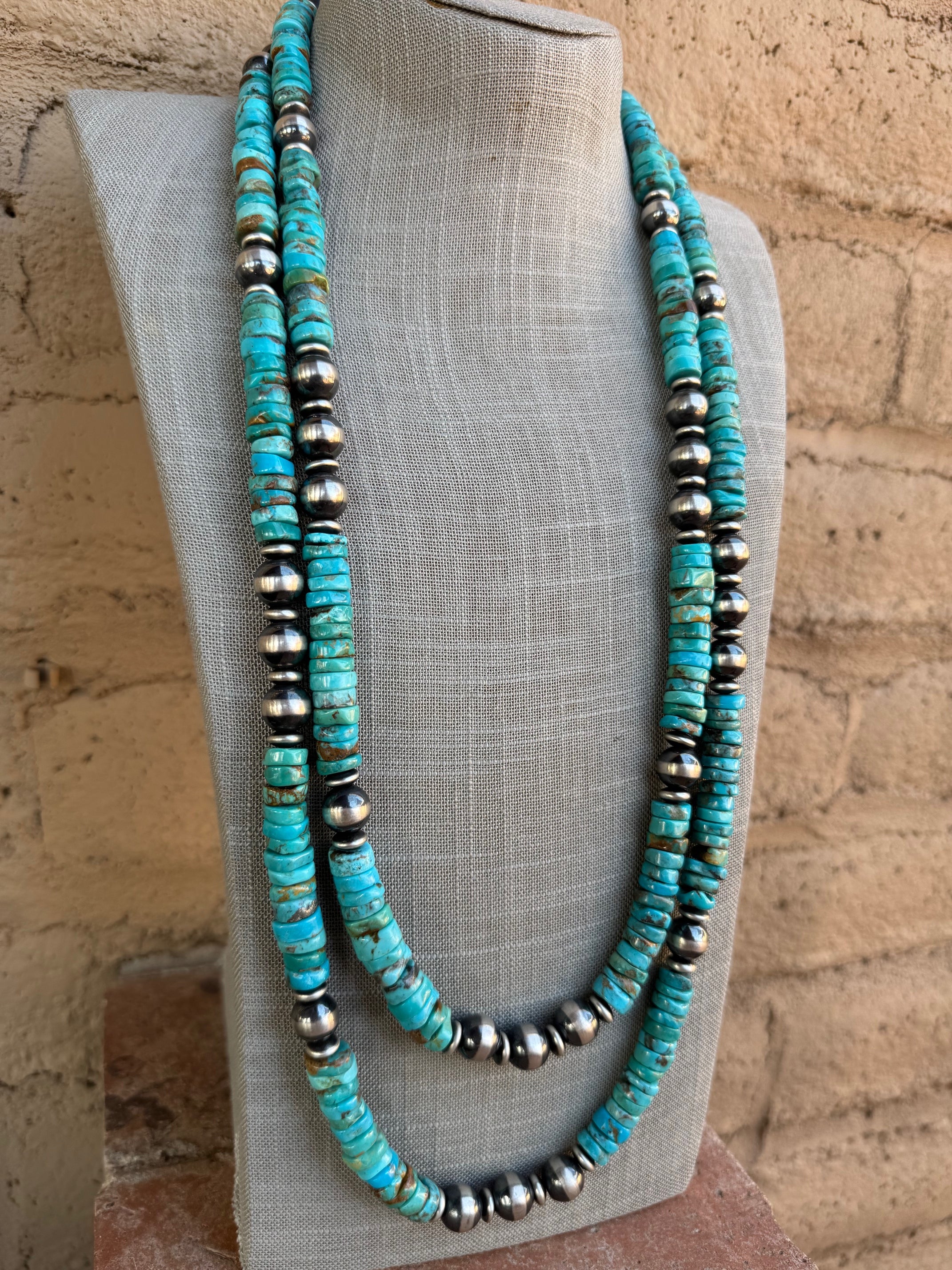 Handcrafted Rolled Natural Kingman Turquoise & Sterling Silver 12mm Beaded Necklace 64"