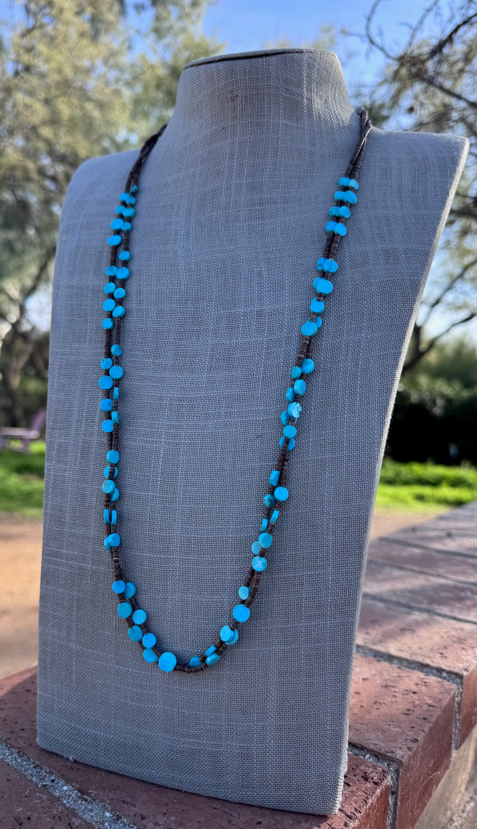 Handcrafted Kingman Turquoise & Heishi 2 strand Beaded Necklace 30"
