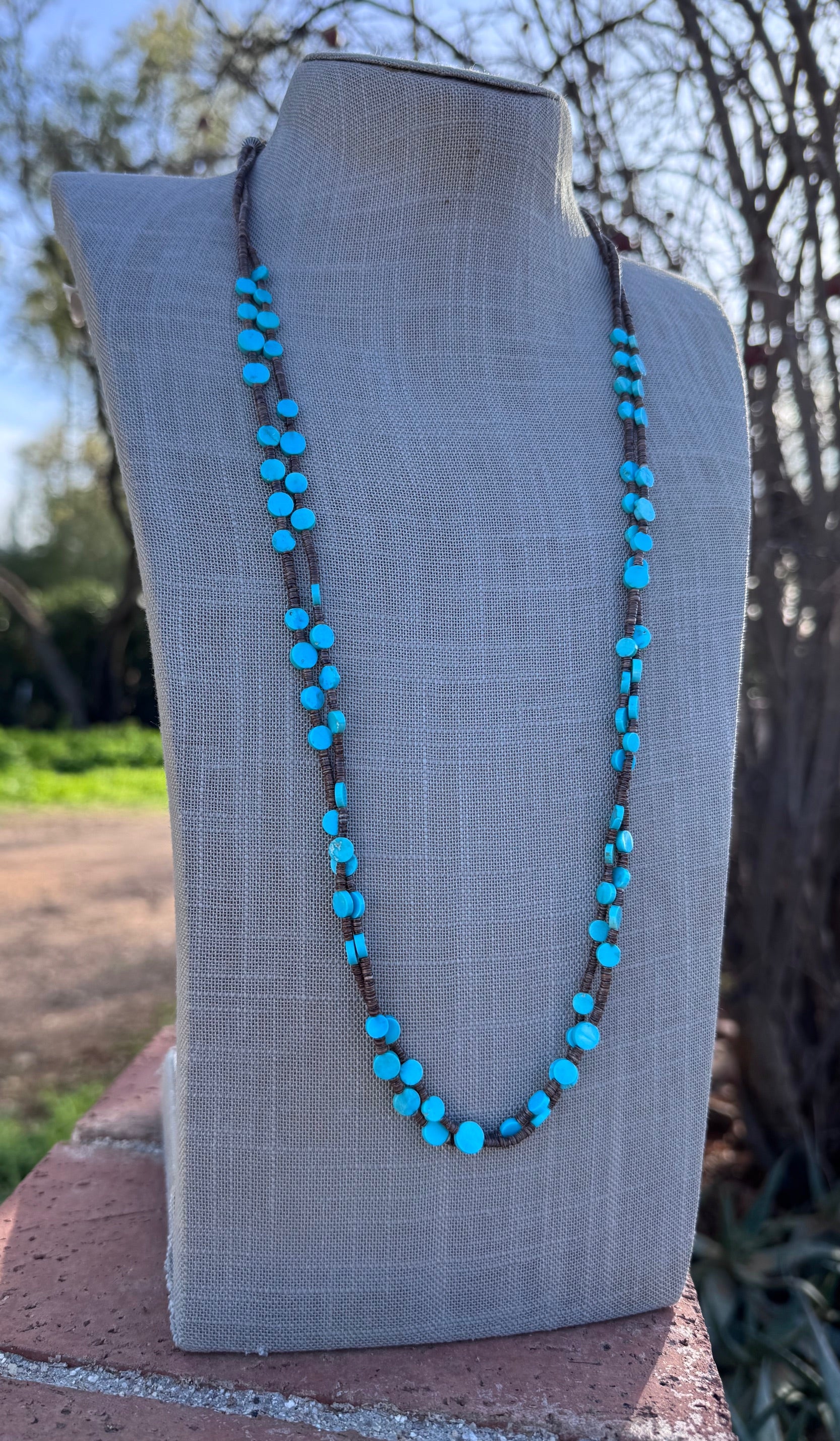 Handcrafted Kingman Turquoise & Heishi 2 strand Beaded Necklace 30"