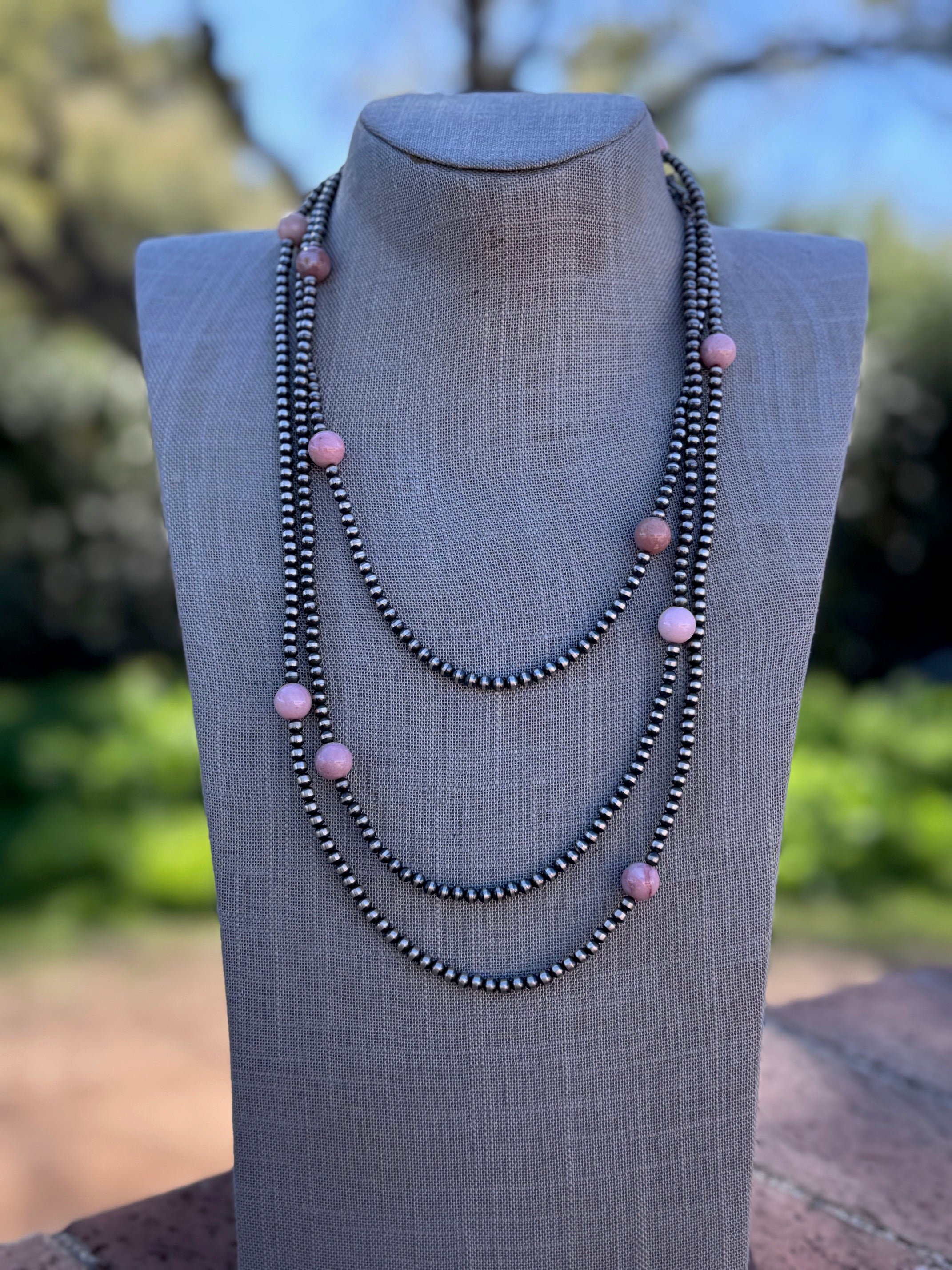 Handcrafted Sterling Silver & Pink Conch 4mm beaded Necklace 72"