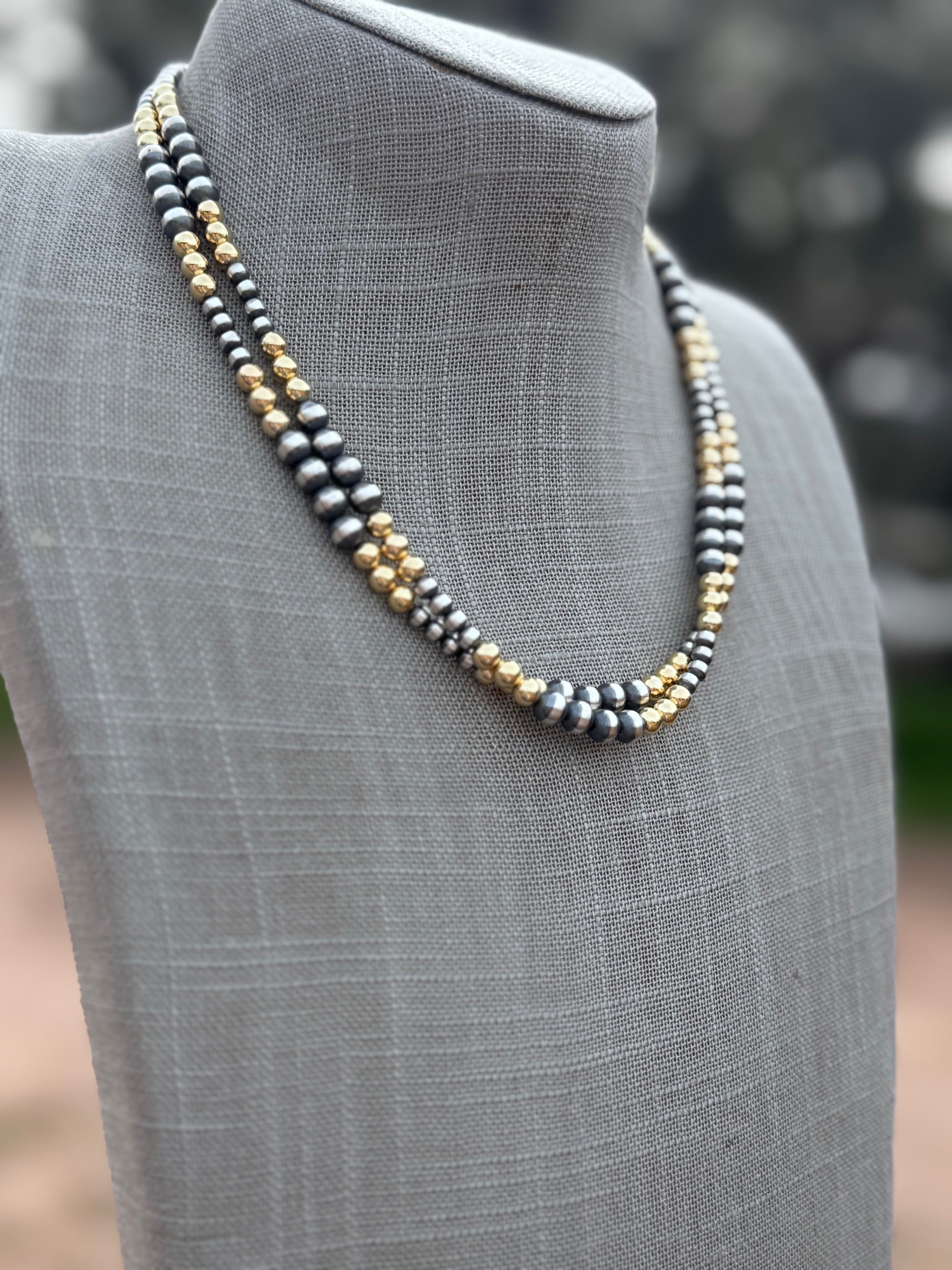 Handcrafted Sterling Silver & Gold Overlay 4-6mm Beaded Necklace